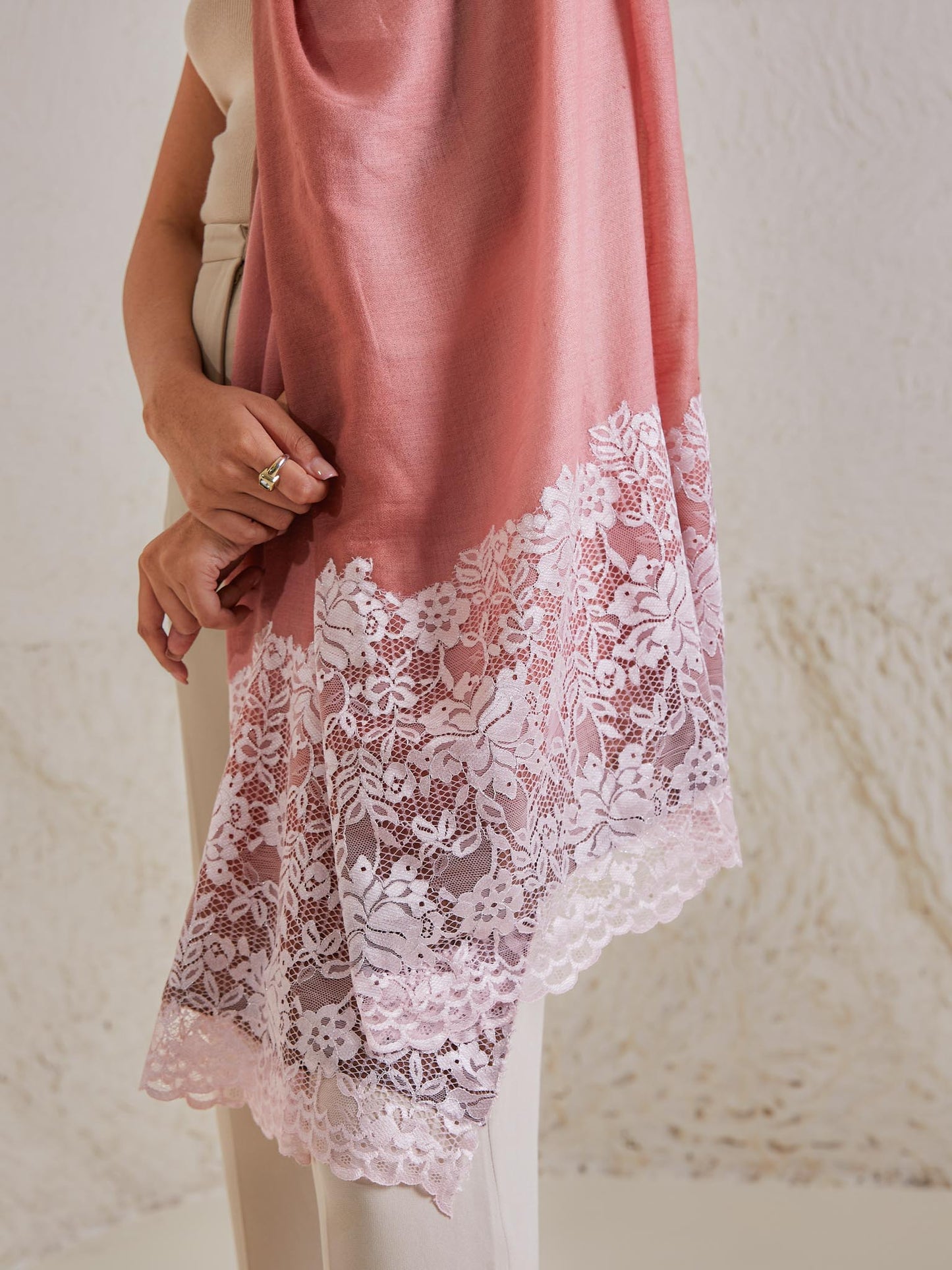 Model is wearing the Celestial Chantilly Pashmina Stole from shaza in pink-brown ombre.