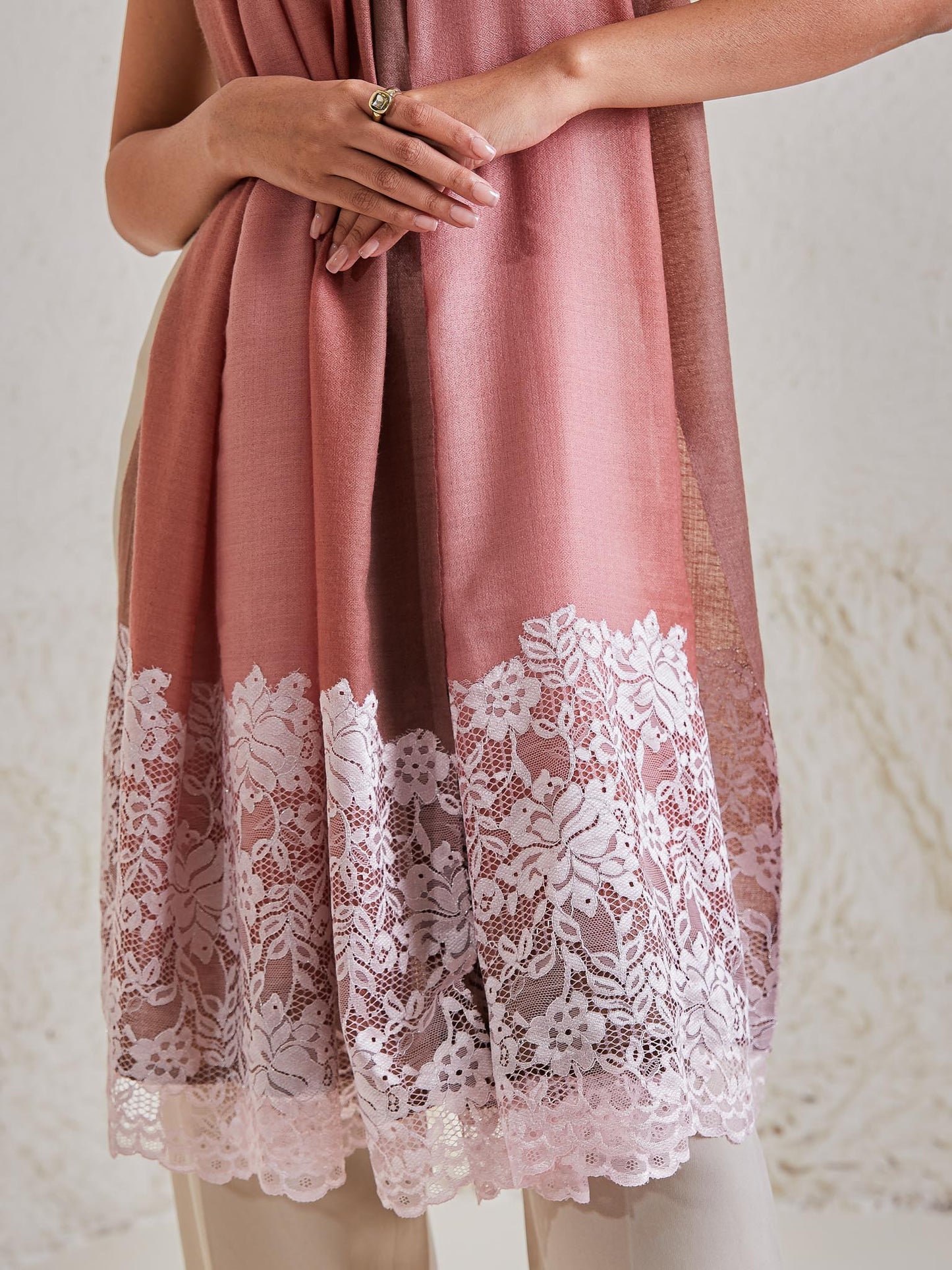 Model is wearing the Celestial Chantilly Pashmina Stole from shaza in pink-brown ombre.
