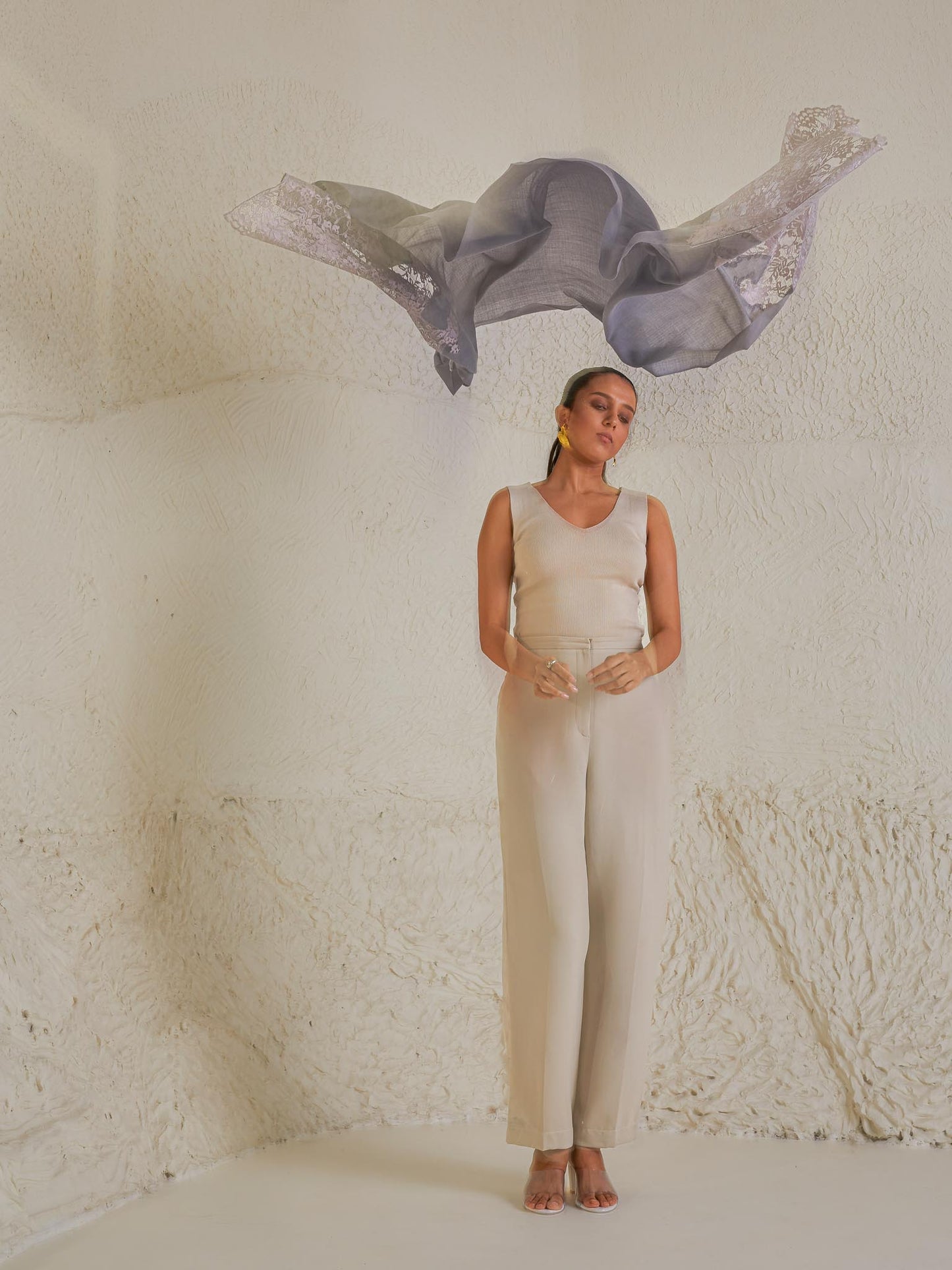 Model is wearing the Celestial Chantilly Pashmina Shawl in powder purple.