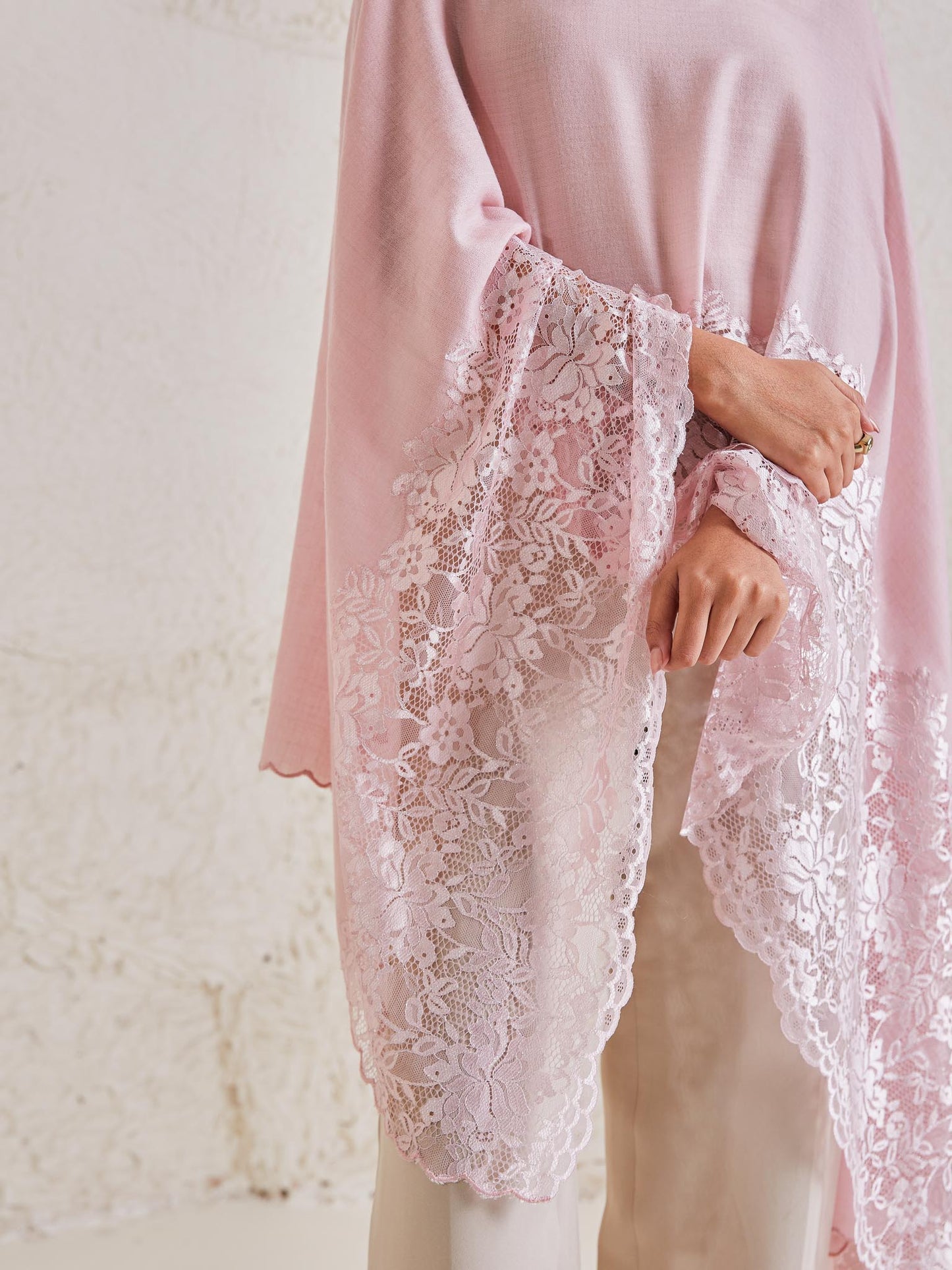 Model is wearing the Celestial Chantilly Pashmina Stole from shaza in baby pink.