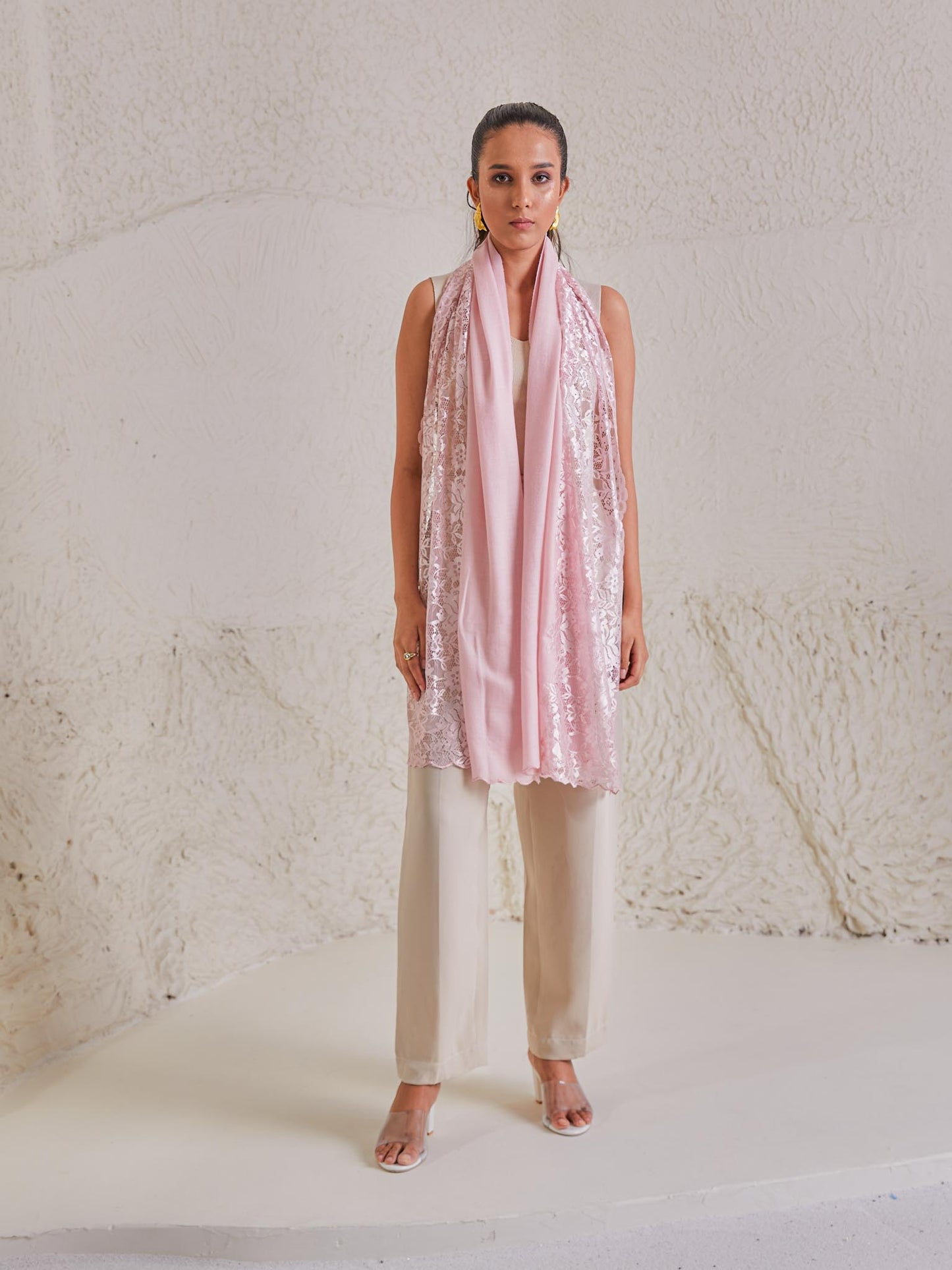 Model is wearing the Celestial Chantilly Pashmina Stole from shaza in baby pink.