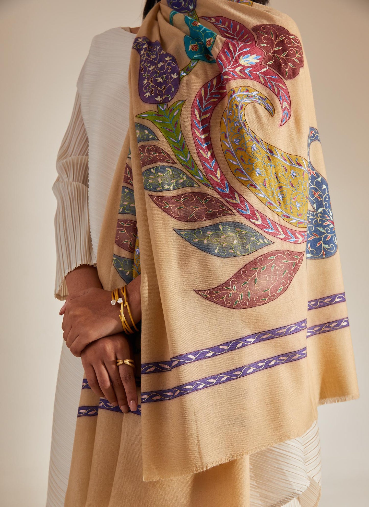 Model is wearing the pashmina kalamkari border stole from shaza.