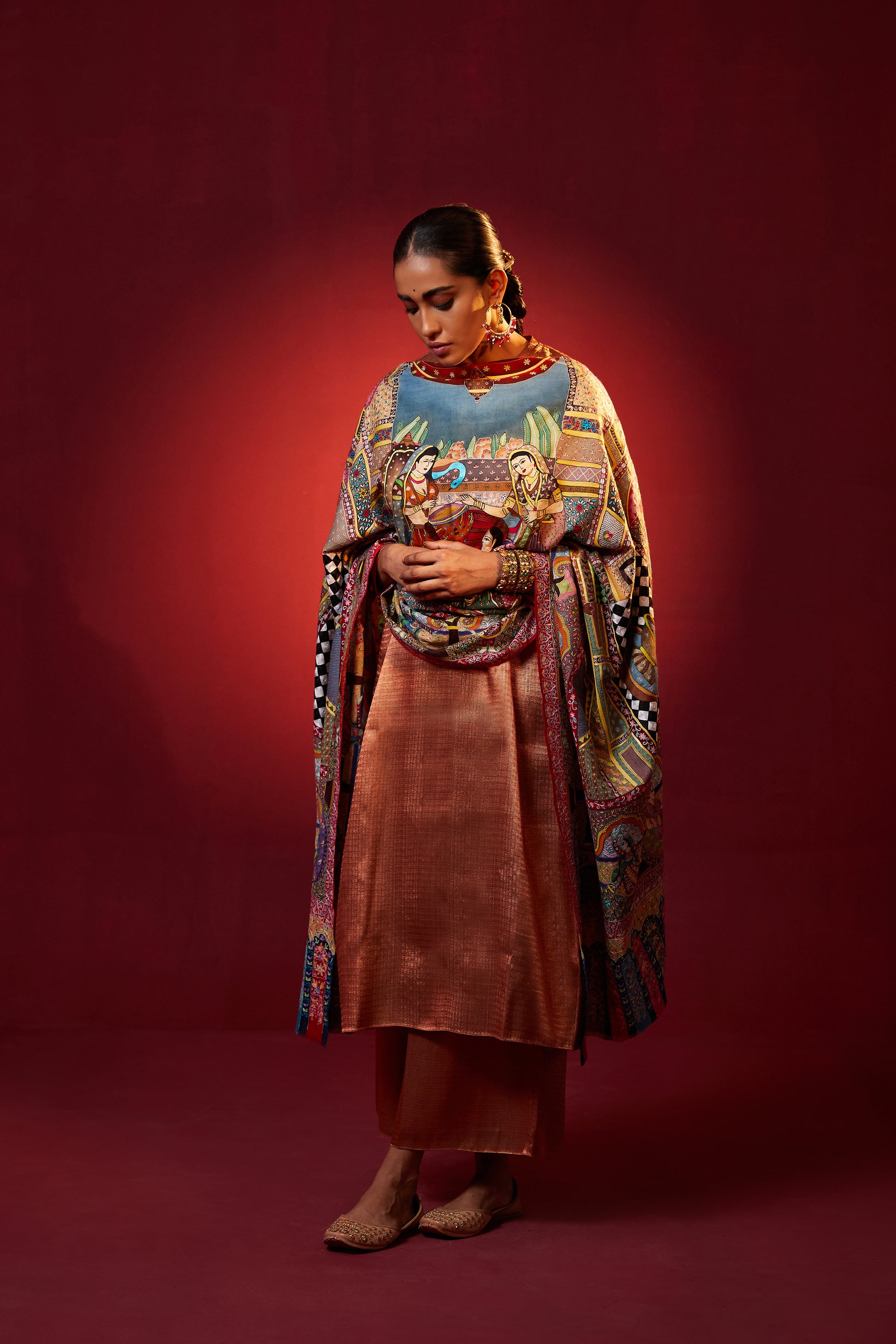 Model is wearing the Henna pashmina shawl by shaza.