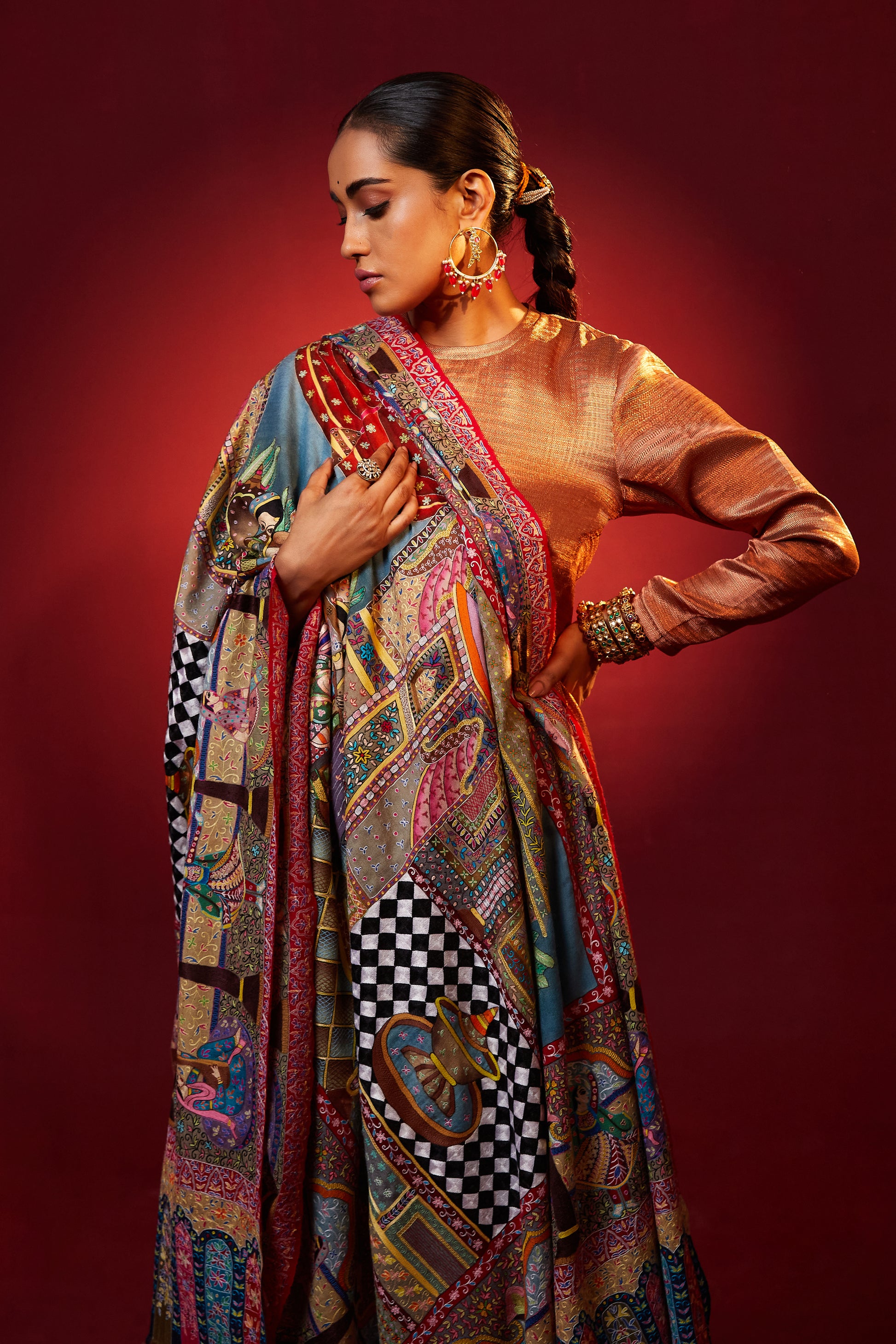 Model is wearing the Henna pashmina shawl by shaza.