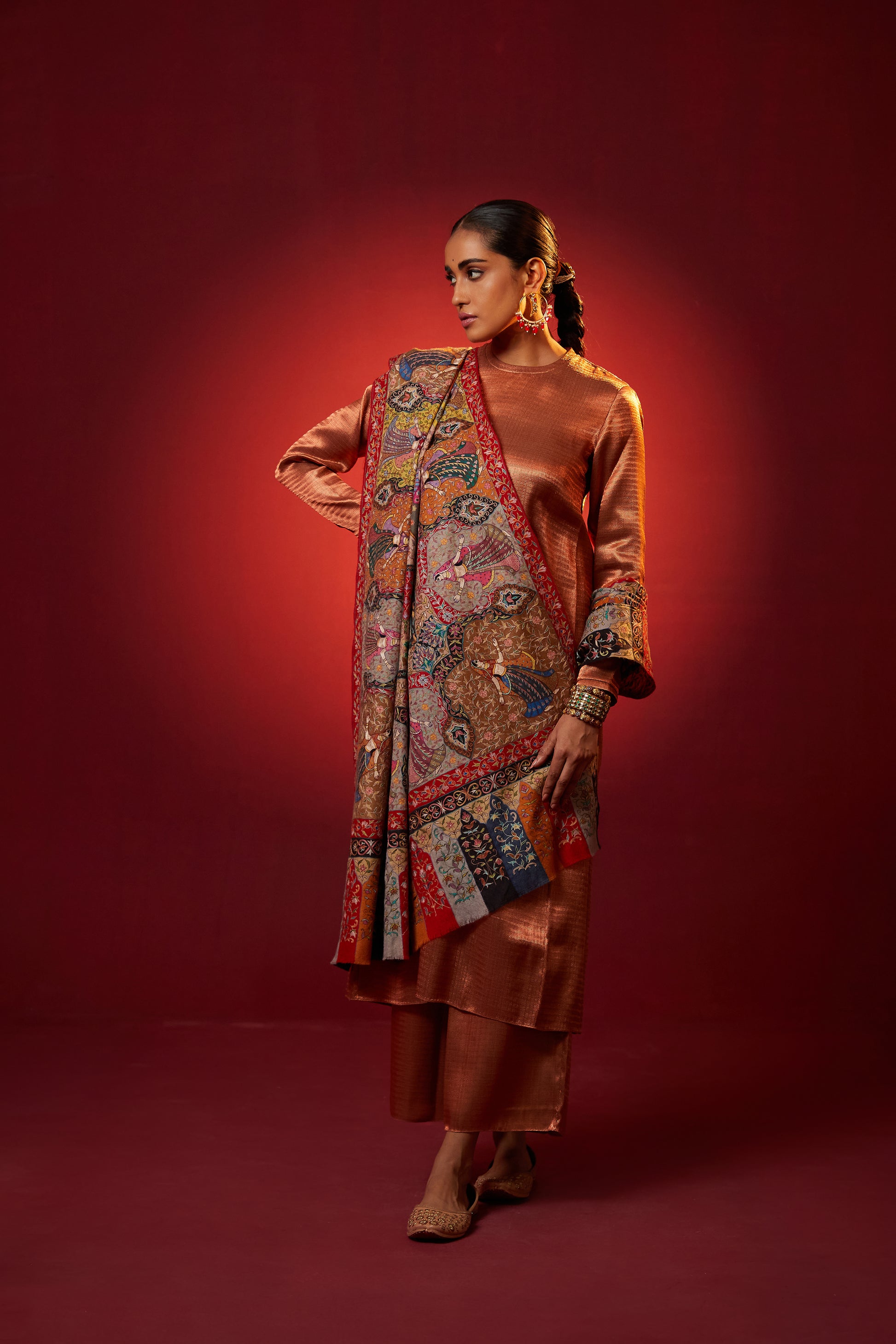 Model is wearing the Jashn pashmina shawl by Shaza.