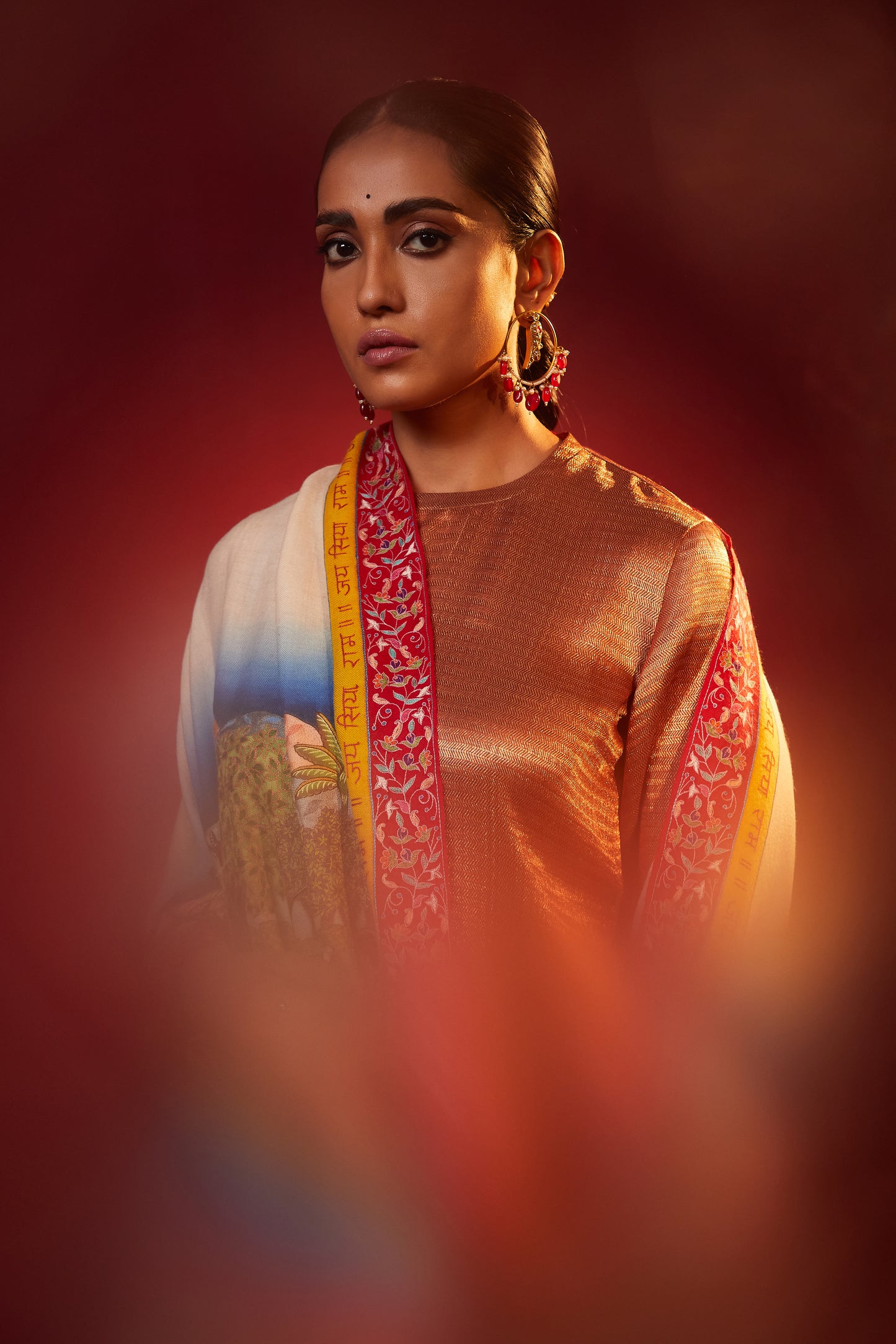 Model is wearing the Ayodhya tales pashmina shawl by Shaza.
