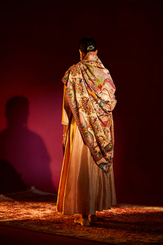 Model is wearing the Govardhan pashmina shawl.