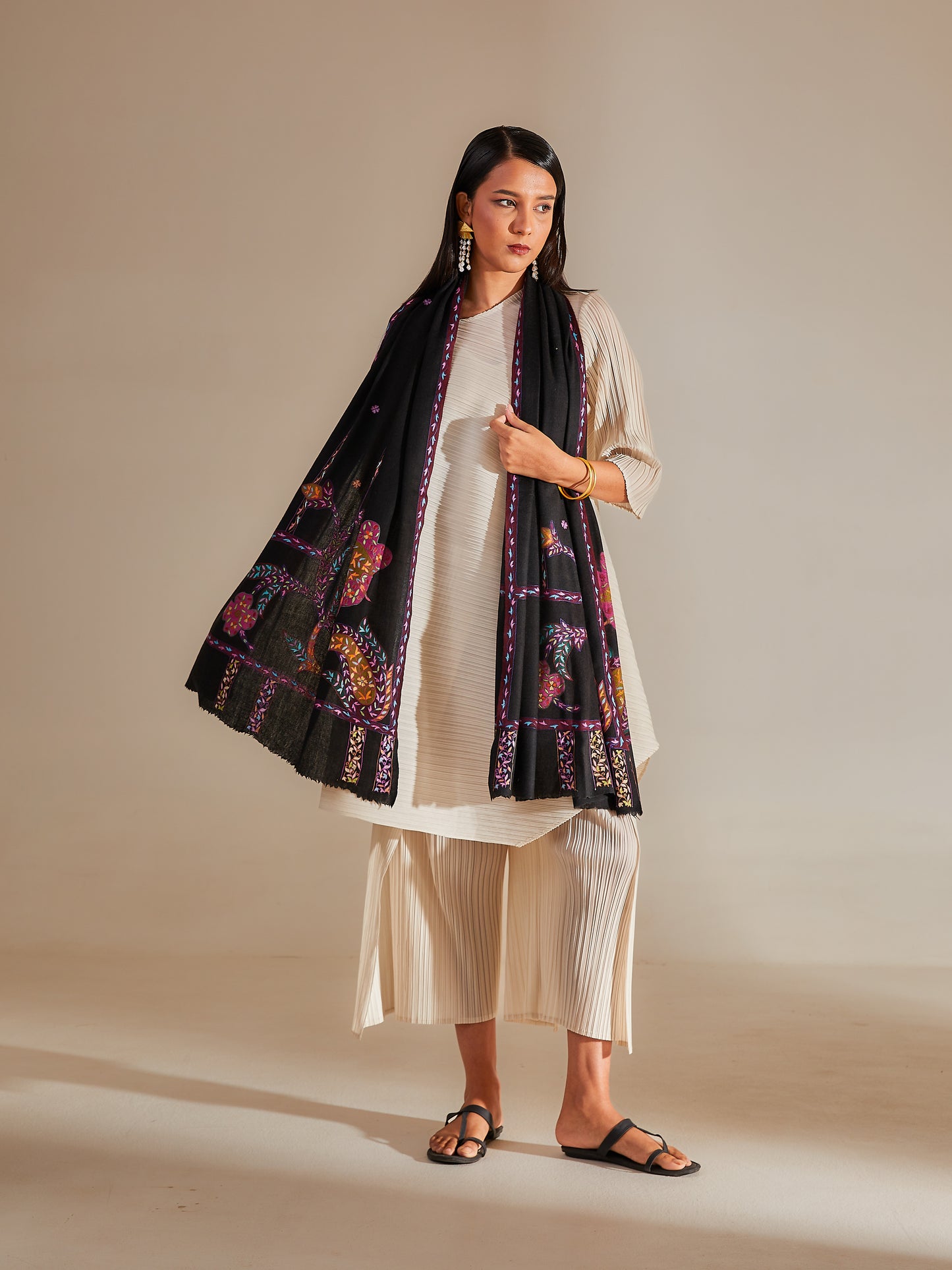 Model is wearing a Pashmina Kalamkari Border from Shaza.