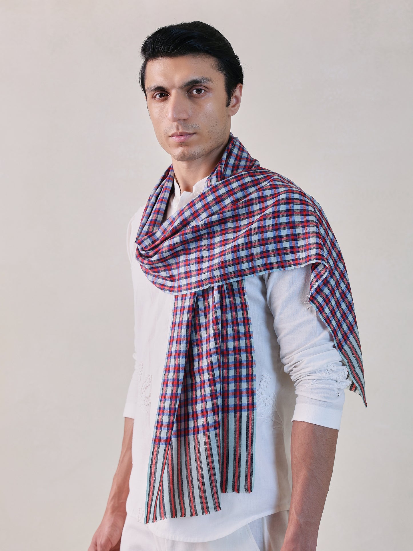 Wool Silk Pashmina Check Muffler