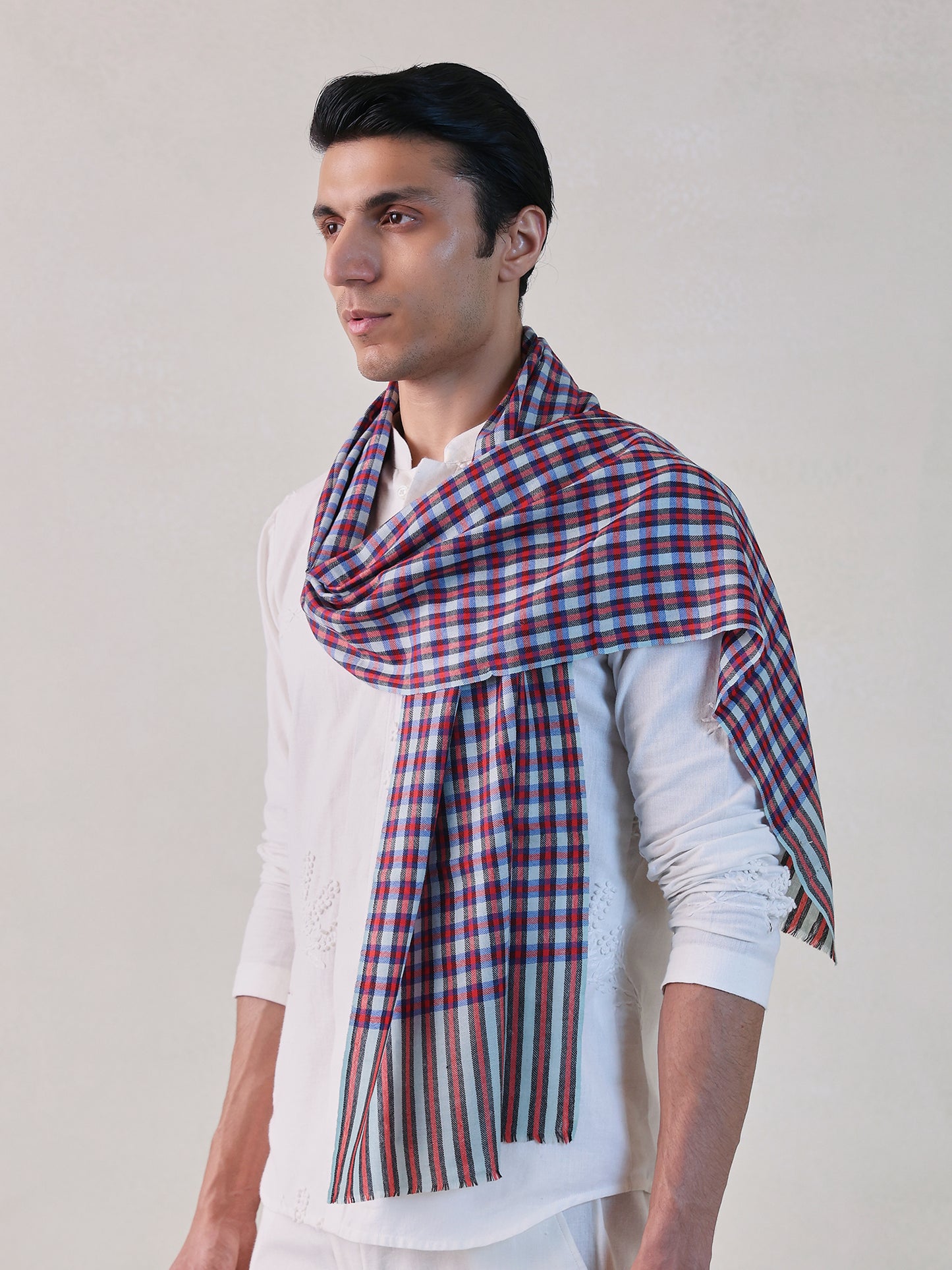 Wool Silk Pashmina Check Muffler