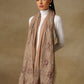 Model is wearing a Vineyard stole in the colour brown, featuring vine shaped cutwork and zari detailing.
