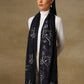 Model is wearing a Vineyard stole in the colour midnight blue, featuring vine shaped cutwork and zari detailing.