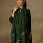 Model is wearing a Vineyard Zaywar stole featuring cutwork vine pattern bordered with zari details and hand embellished with fine swarovski, in a green colour.