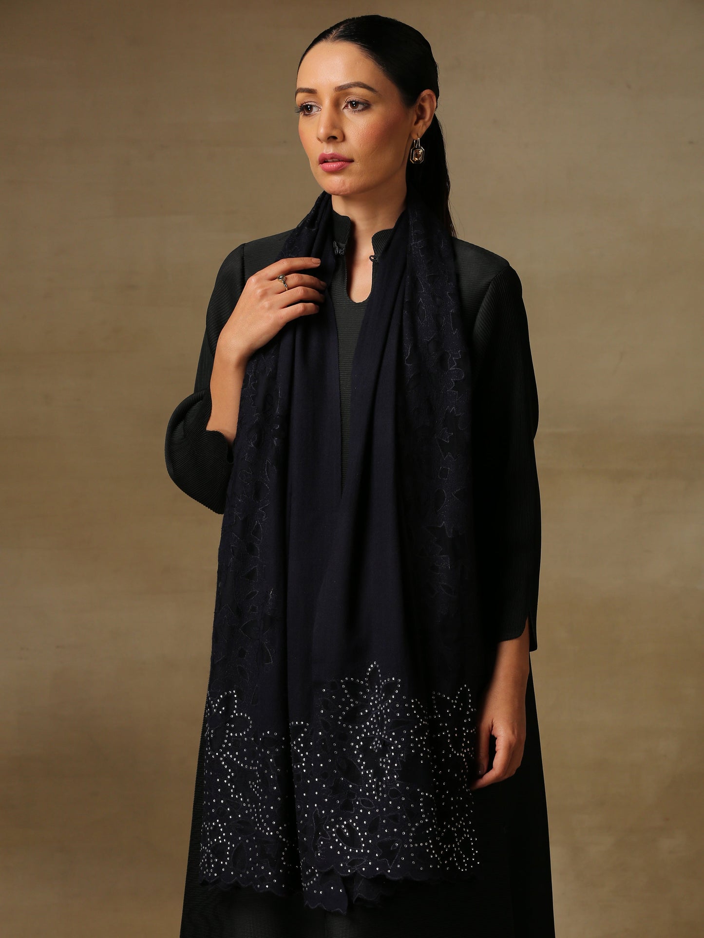 Model is wearing Cutwork Zaywar stole from Shaza in midnight blue.