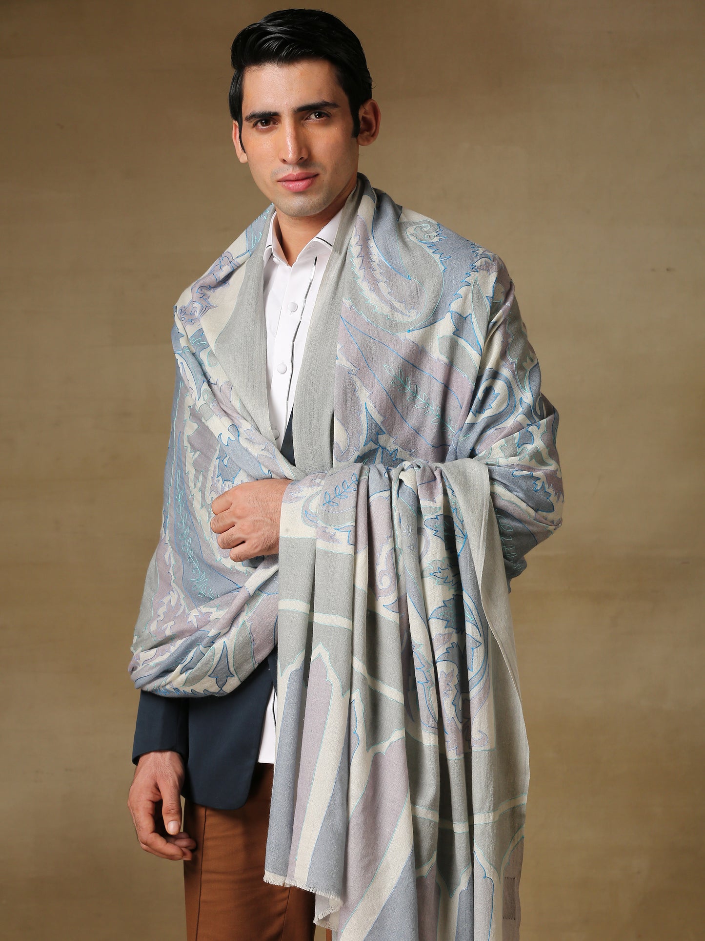 Model is wearing the Men's Kalamkari Khaka Dushala from Shaza.