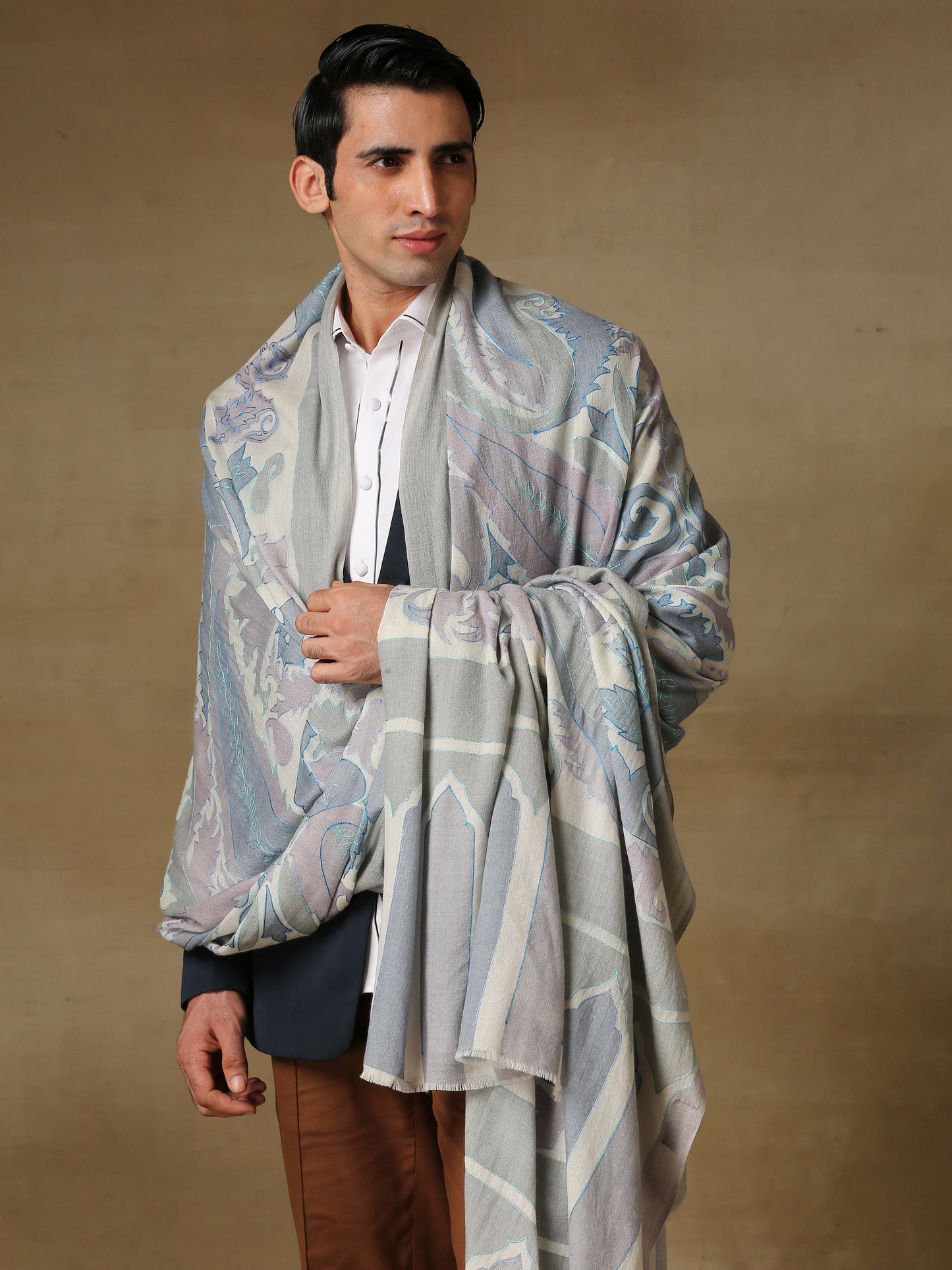 Model is wearing the Men's Kalamkari Khaka Dushala from Shaza.