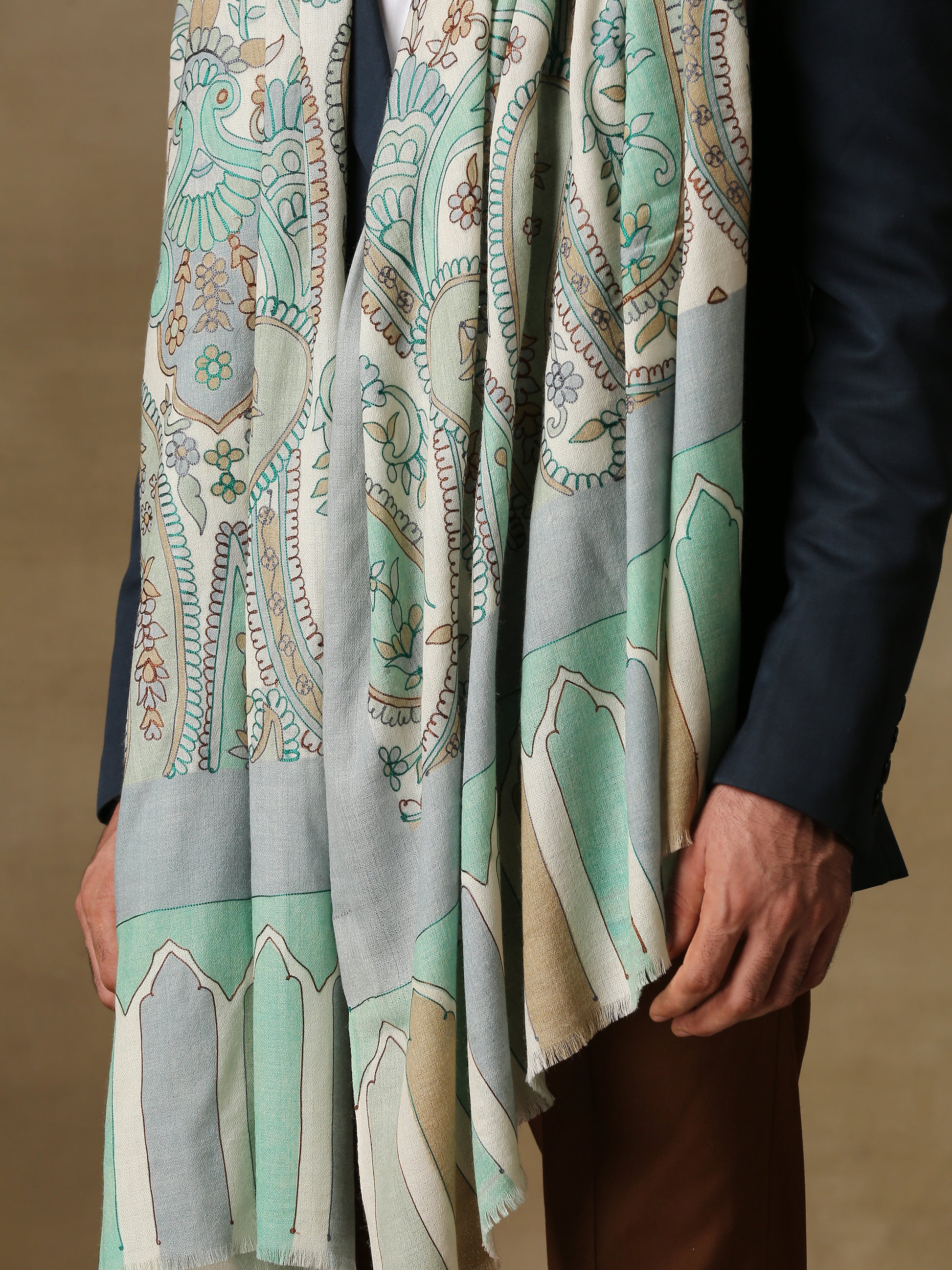 Model is wearing the Men's Kalamkari Khaka Dushala from Shaza.