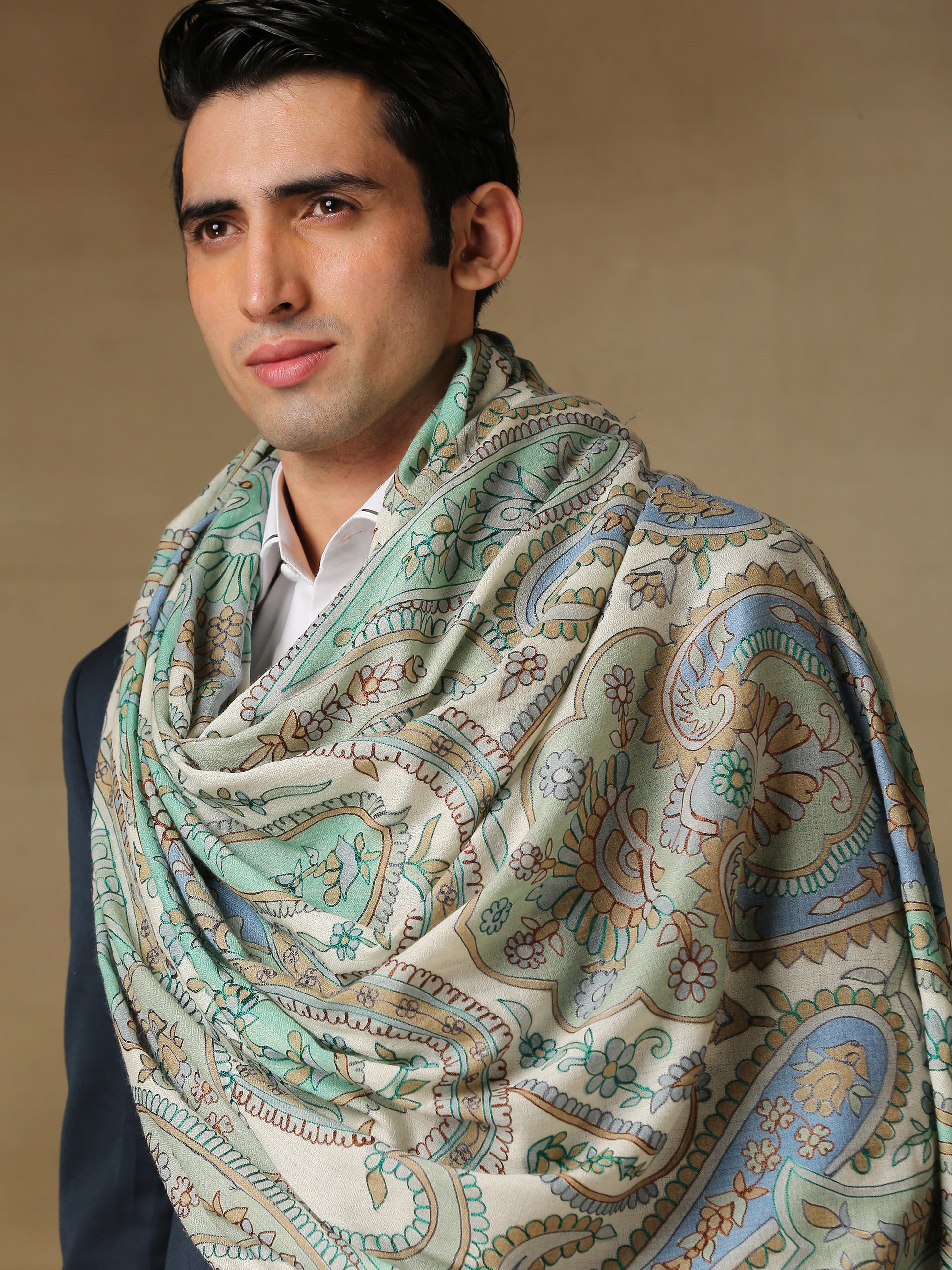 Model is wearing the Men's Kalamkari Khaka Dushala from Shaza.