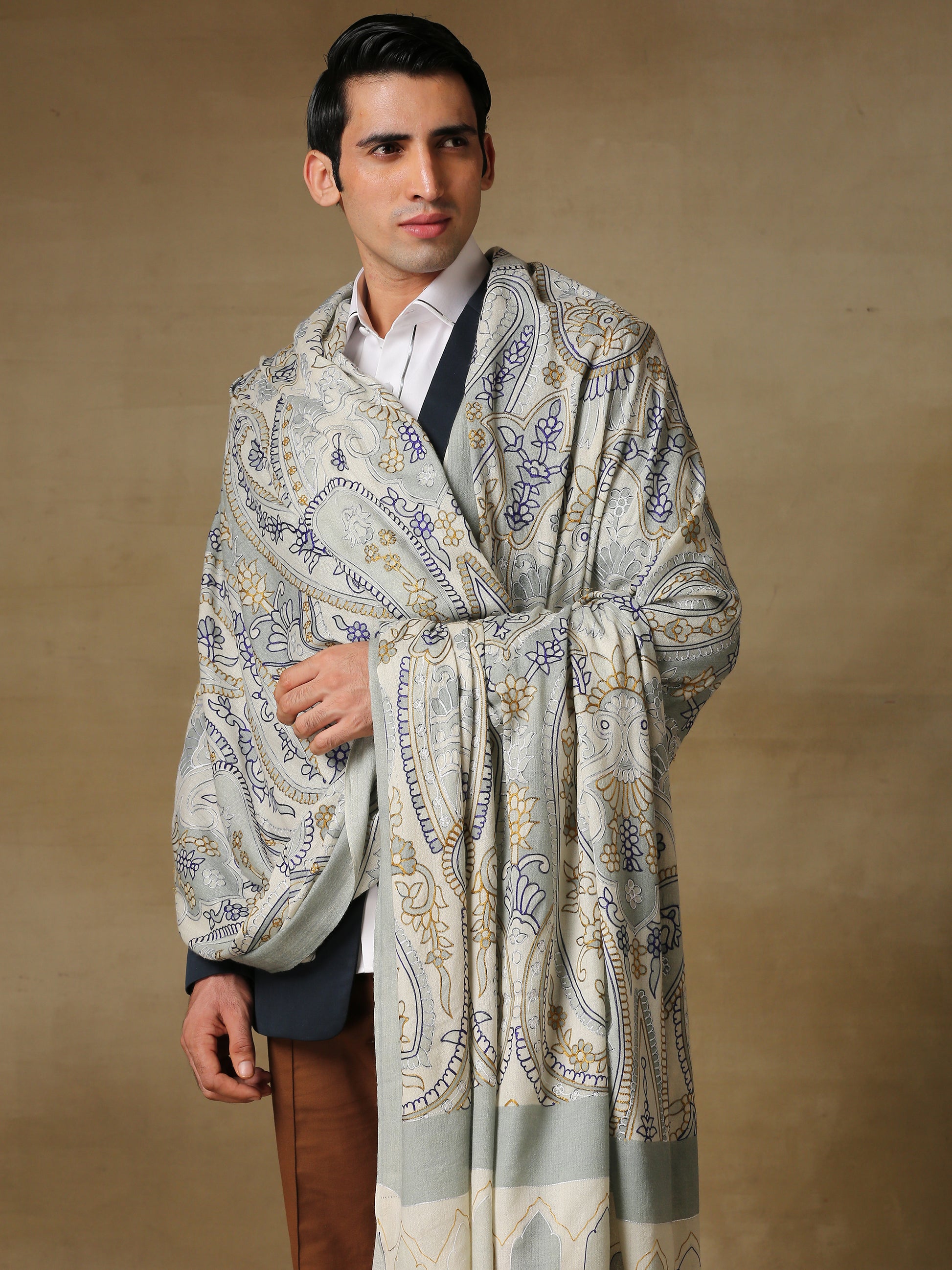 Model is wearing the Men's Kalamkari Khaka Dushala from Shaza.