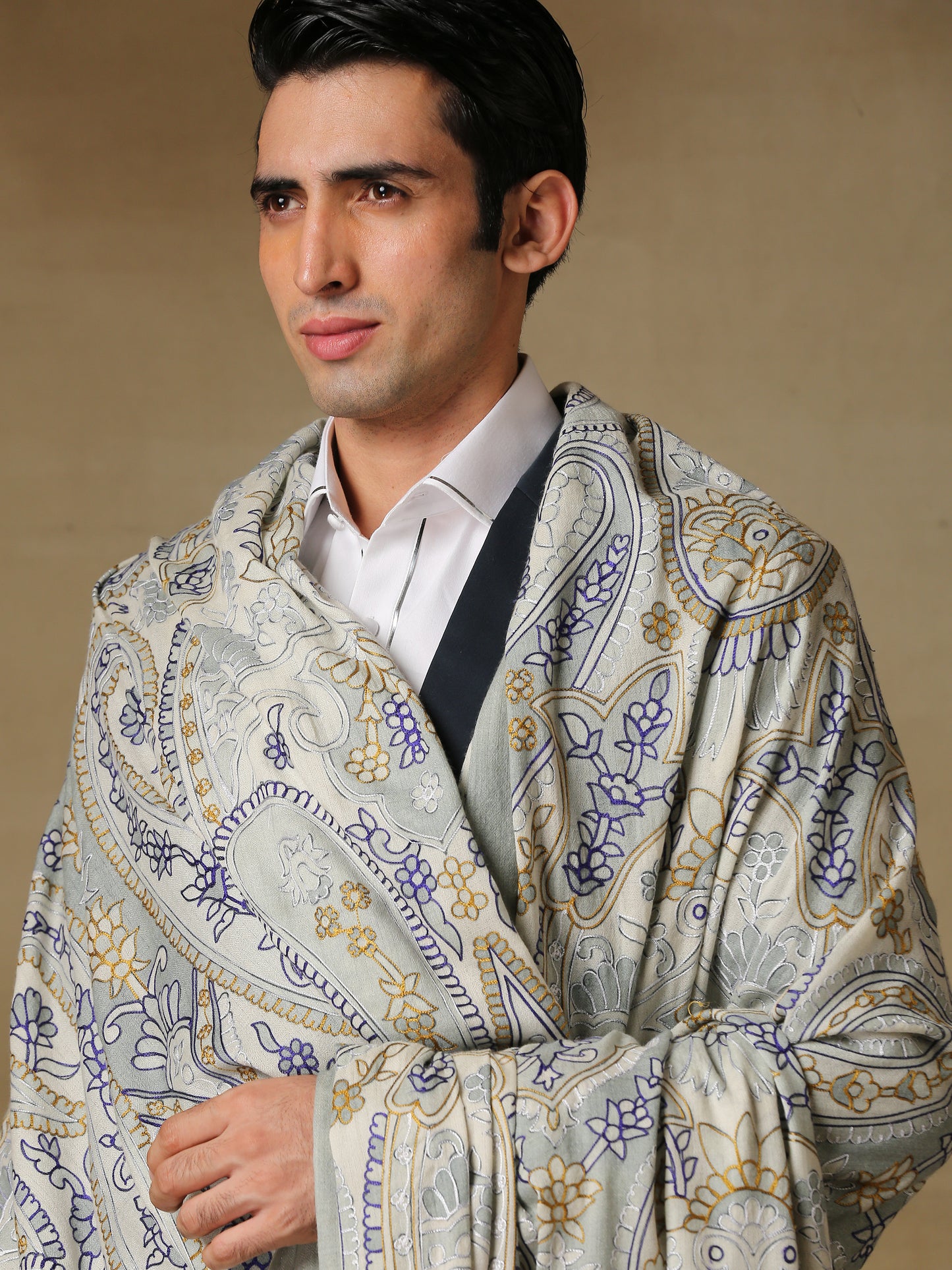 Model is wearing the Men's Kalamkari Khaka Dushala from Shaza.