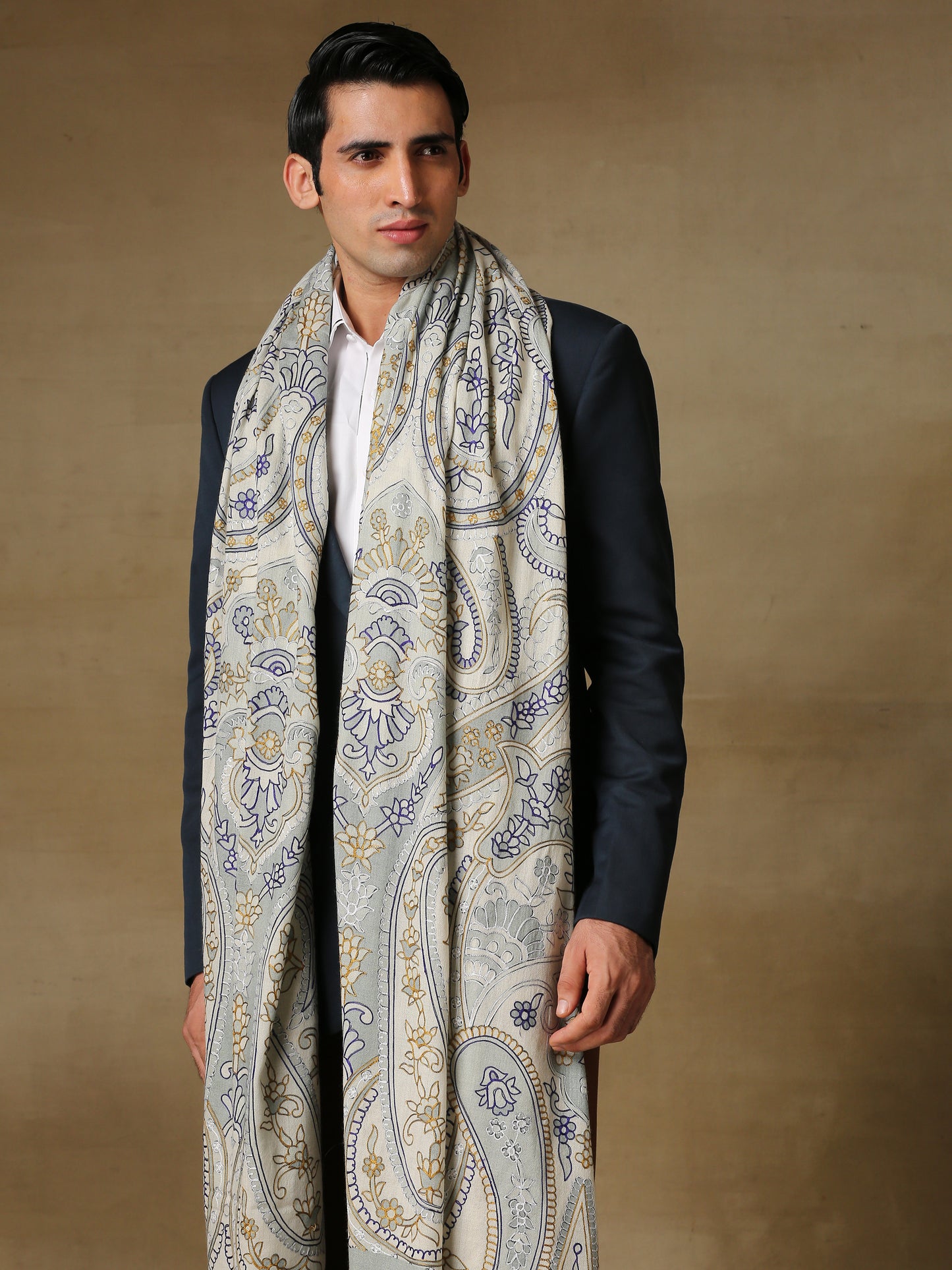 Model is wearing the Men's Kalamkari Khaka Dushala from Shaza.