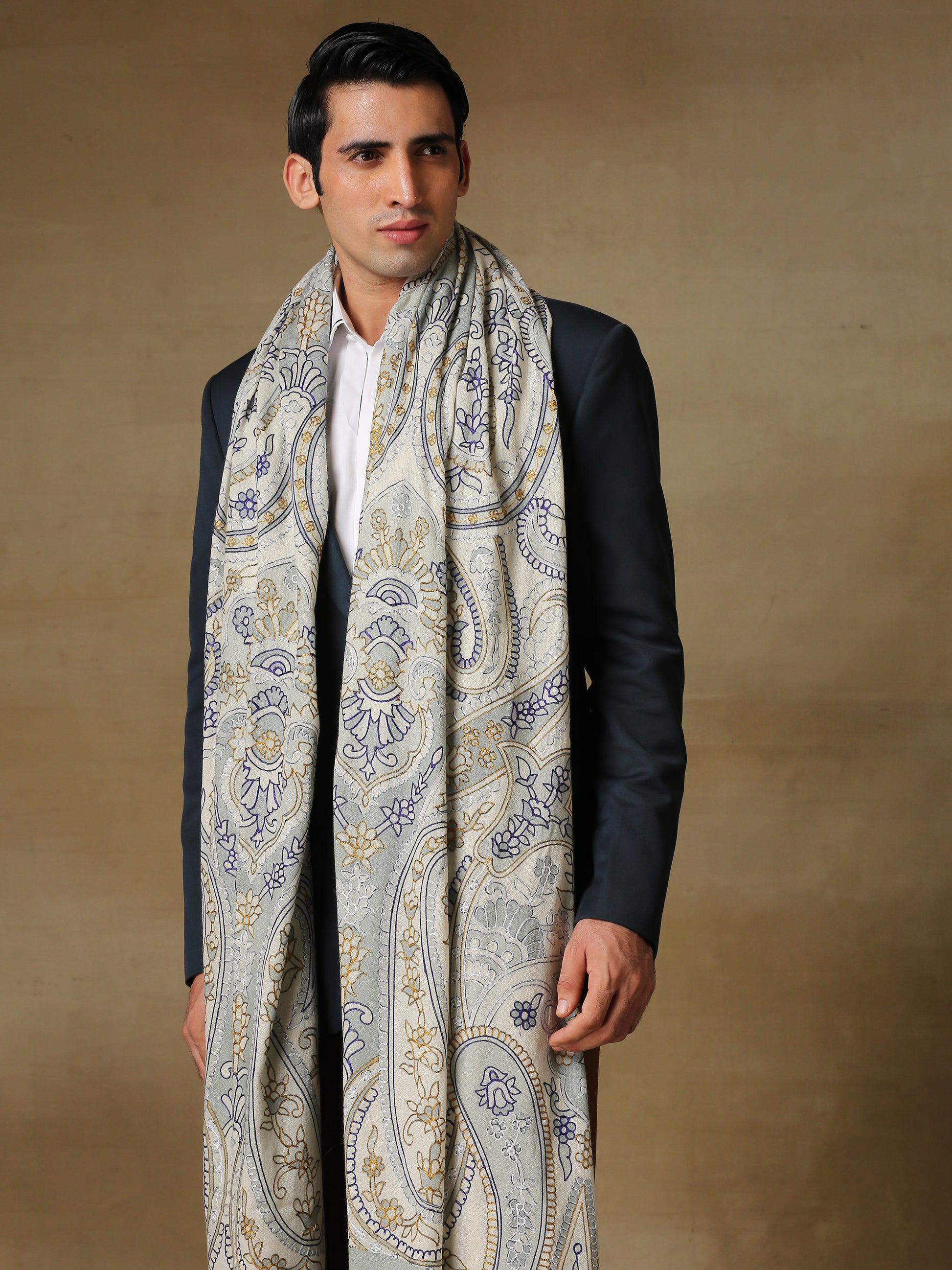 Model is wearing the Men's Kalamkari Khaka Dushala from Shaza.