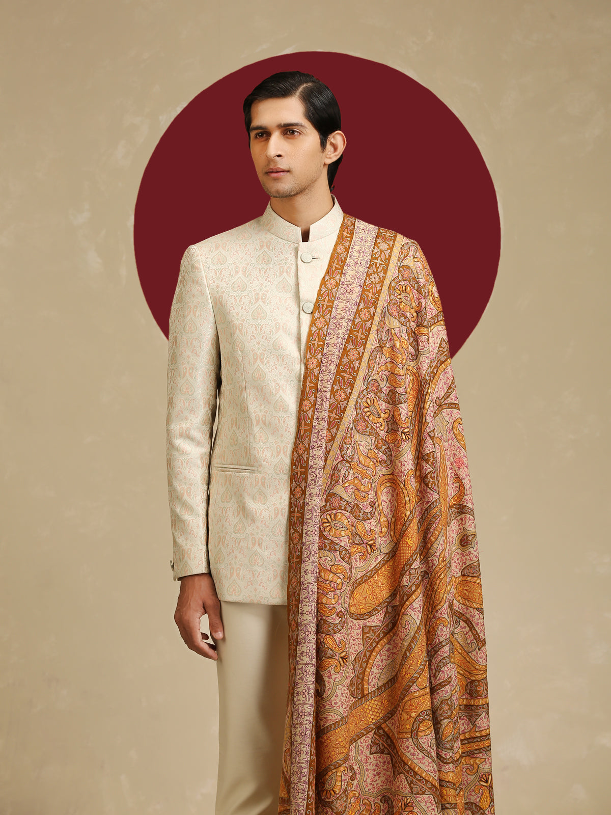 Model is wearing Men's Kalamkari Dushala from shaza.