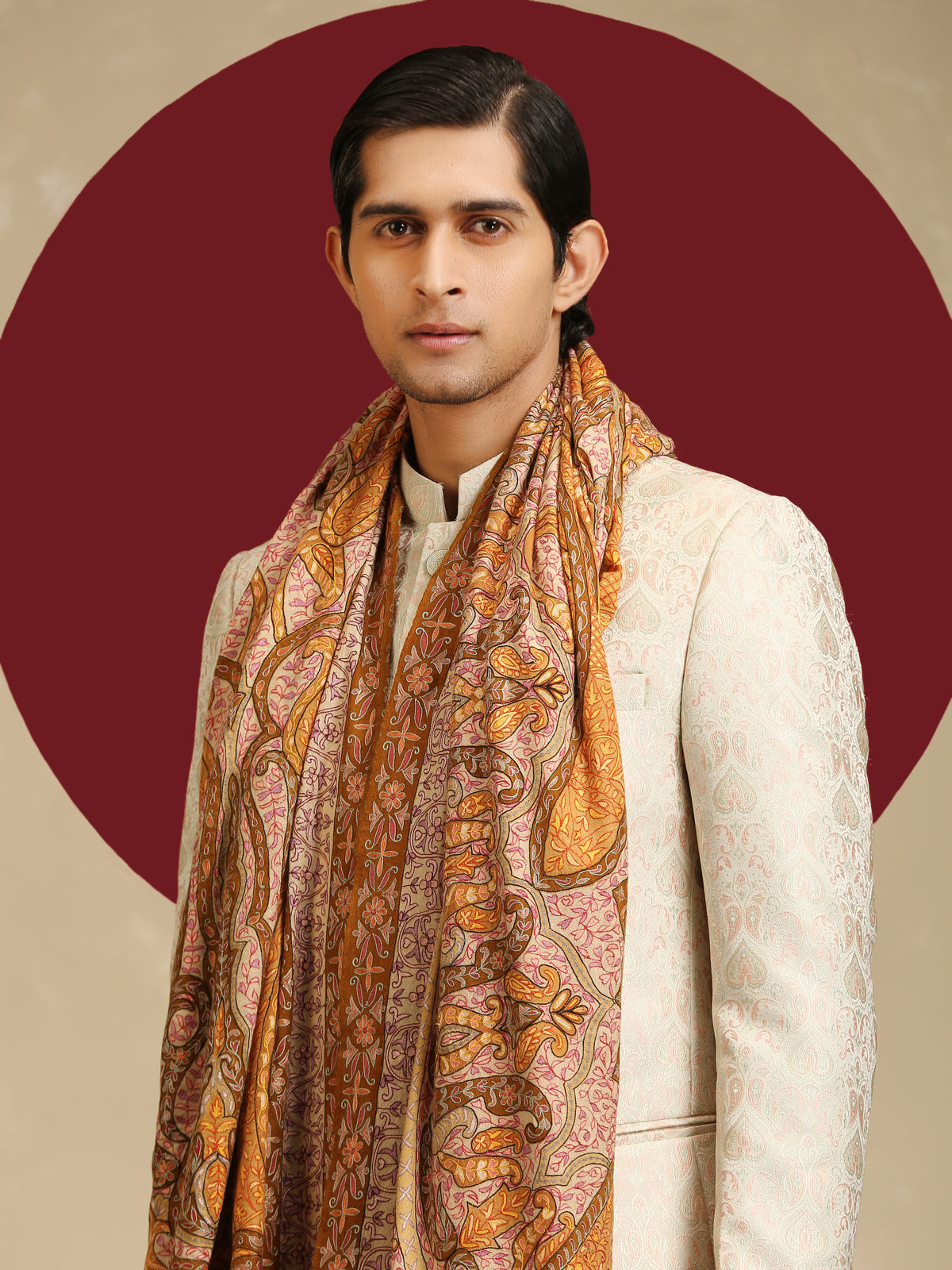 Model is wearing Men's Kalamkari Dushala from shaza.