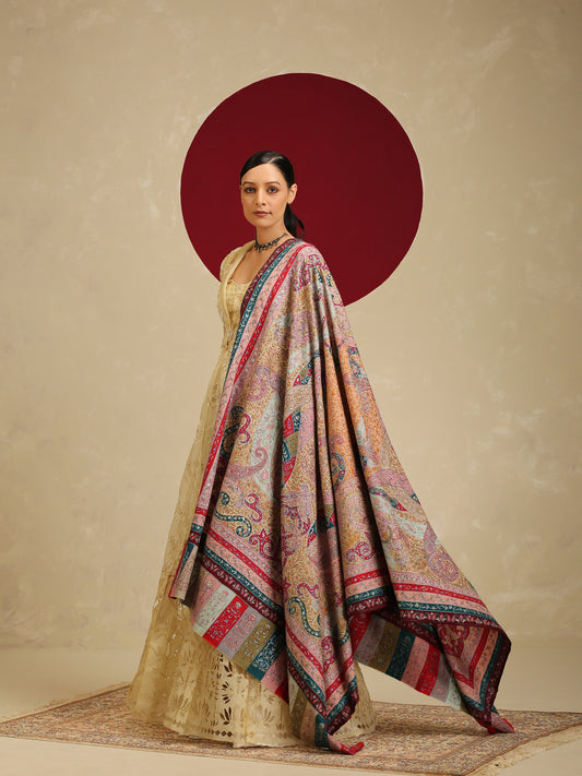 Model is wearing the Noor-e-kalam pashmina shawl from Shaza.