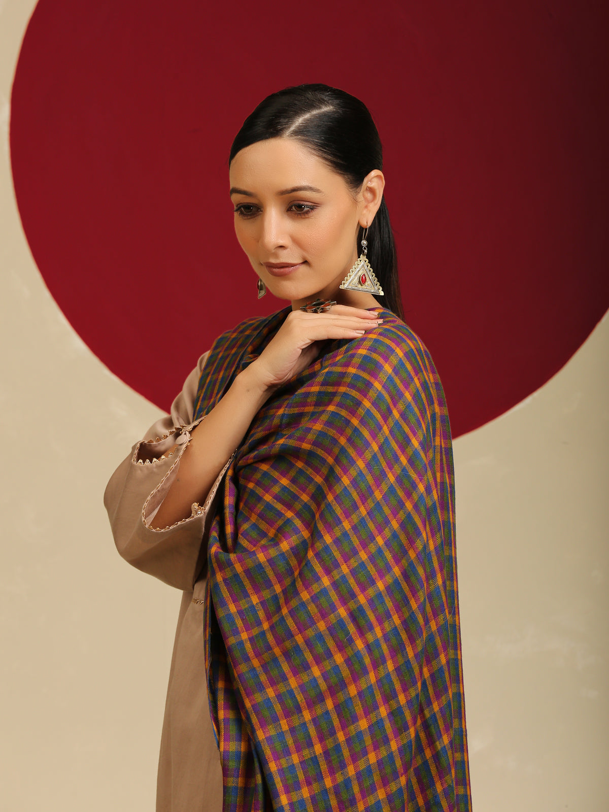 Model is wearing a Pashmina Striped stole from shaza in a multicolour cheques pattern.