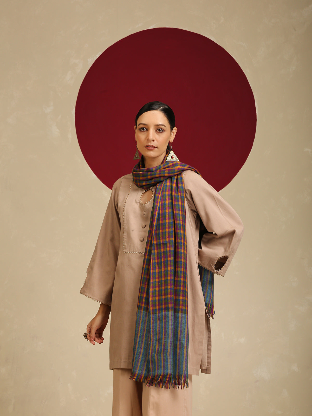 Model is wearing a Pashmina Striped stole from shaza in a multicolour cheques pattern.