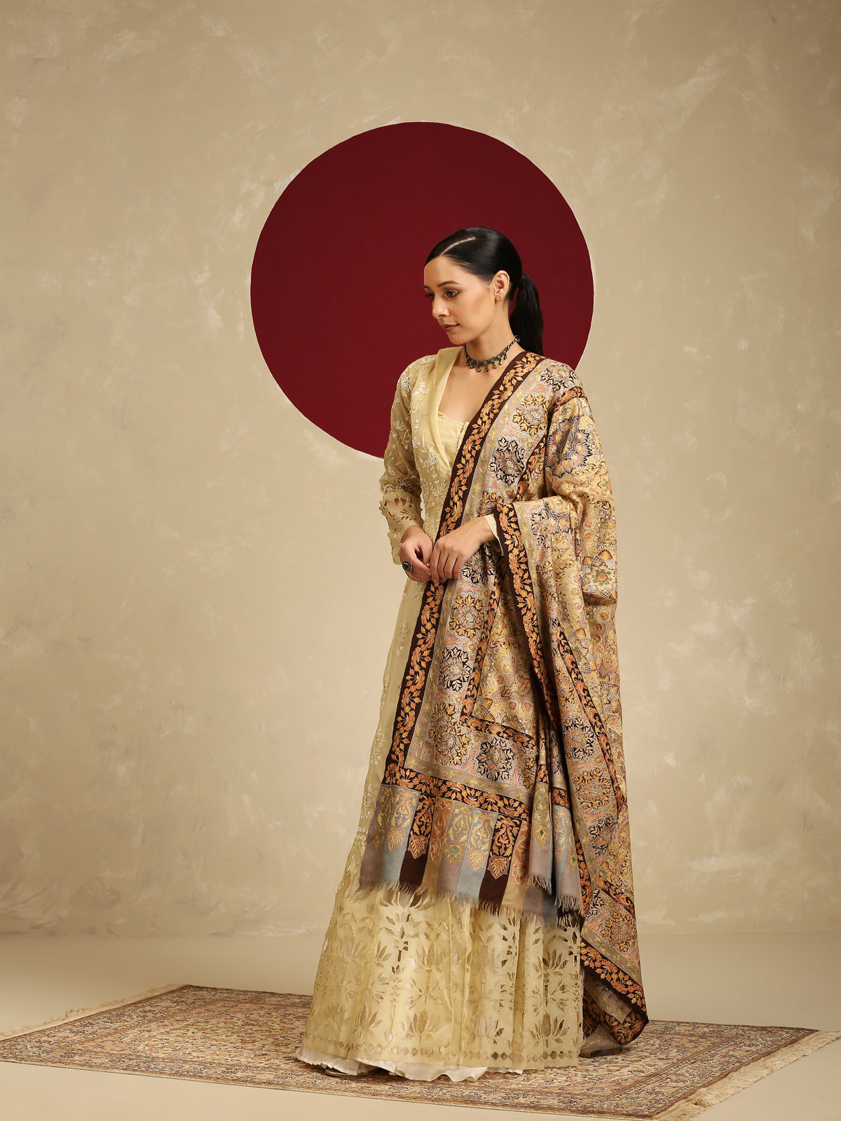 Model is wearing the Gulzar-e-Kalam Kalamkari Pashmina shawl from Shaza.