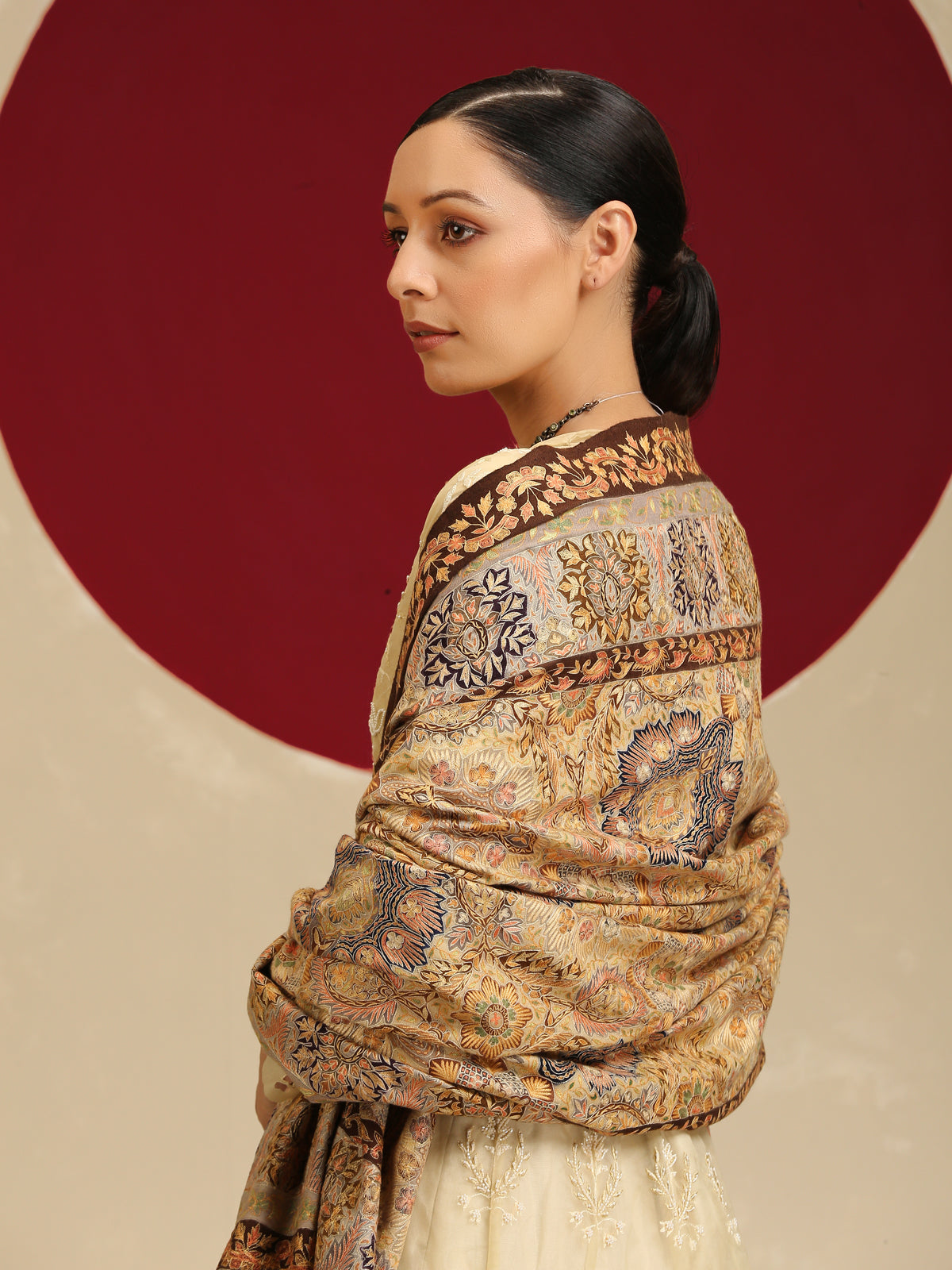 Model is wearing the Gulzar-e-Kalam Kalamkari Pashmina shawl from Shaza.