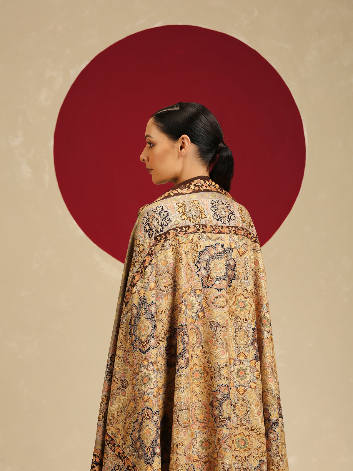 Model is wearing the Gulzar-e-Kalam Kalamkari Pashmina shawl from Shaza.