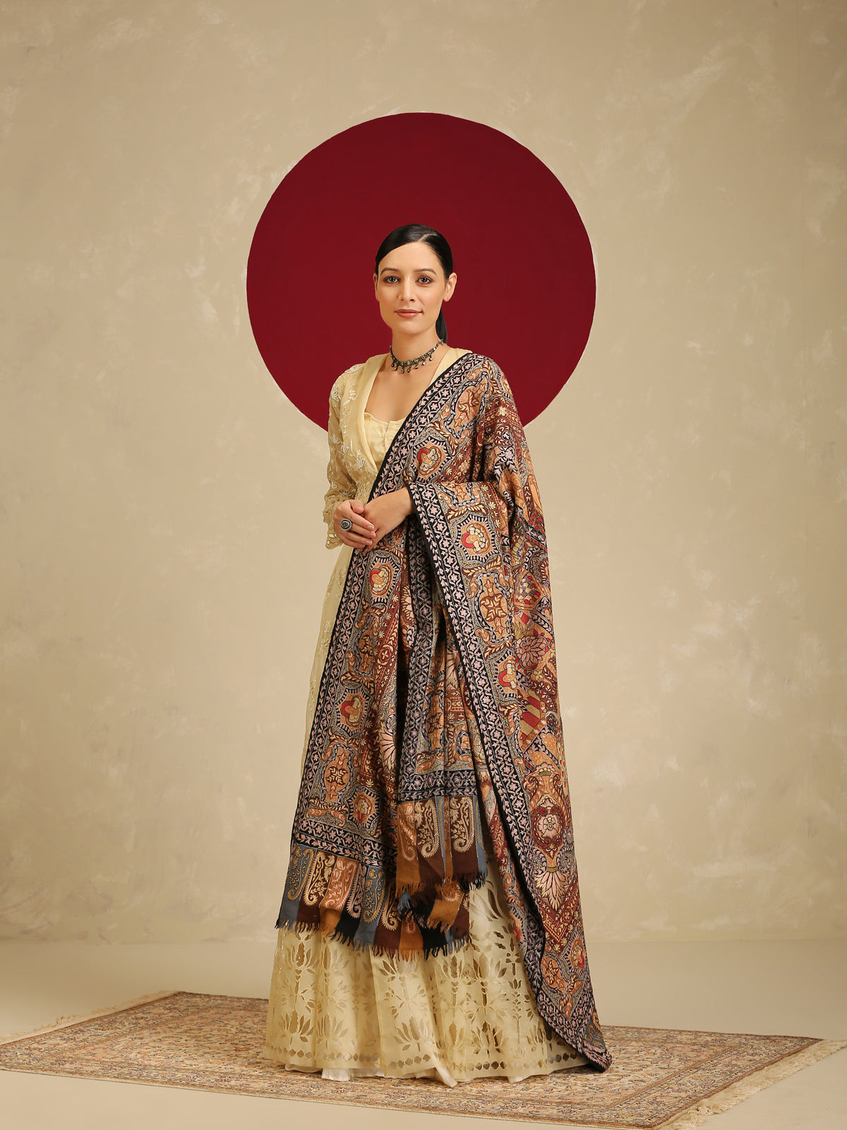 Model is wearing the Gulzar-e-Kalam Kalamkari Pashmina shawl from Shaza.