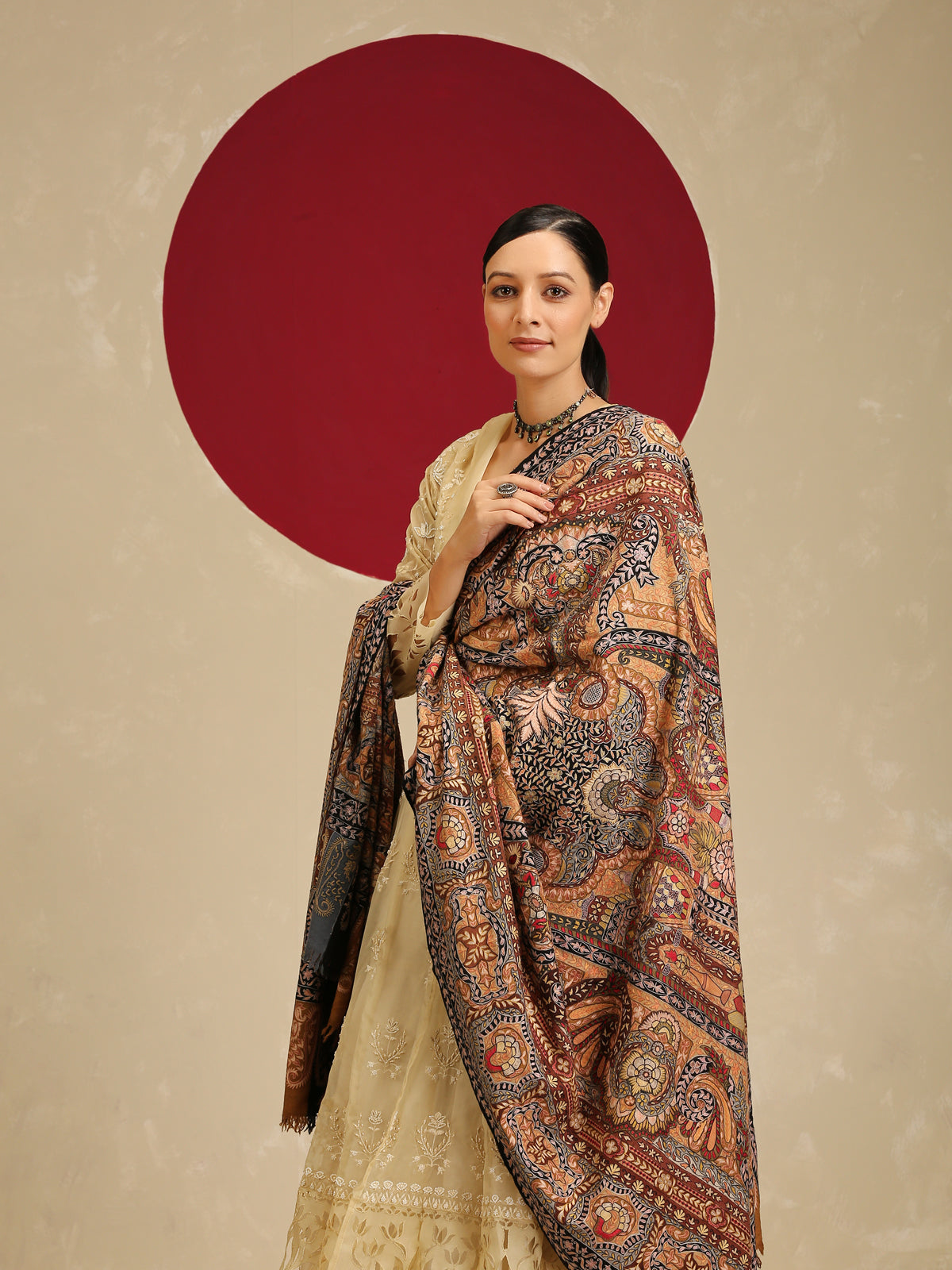 Model is wearing the Gulzar-e-Kalam Kalamkari Pashmina shawl from Shaza.