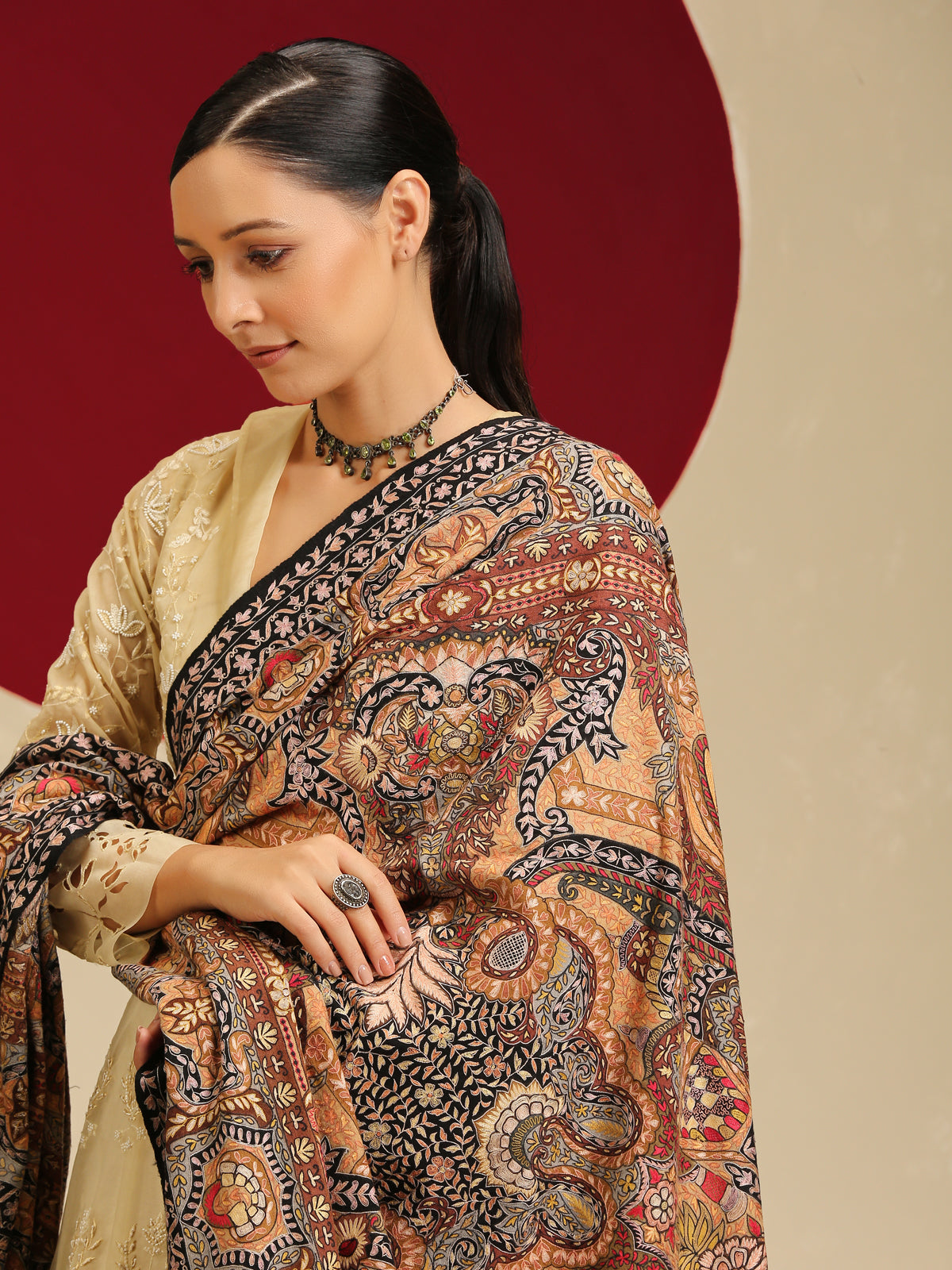 Model is wearing the Gulzar-e-Kalam Kalamkari Pashmina shawl from Shaza.