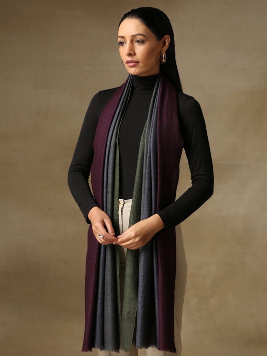 Model is wearing a Pashmina Ombre stole in self weave in the the colour gray and deep wine.