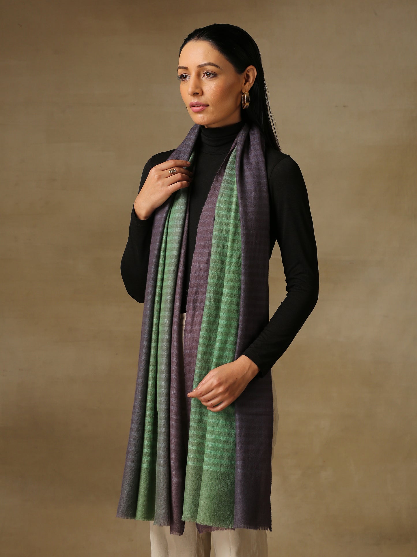 Model is wearing a Pashmina Ombre stole in Self weave in the colours twilight green.