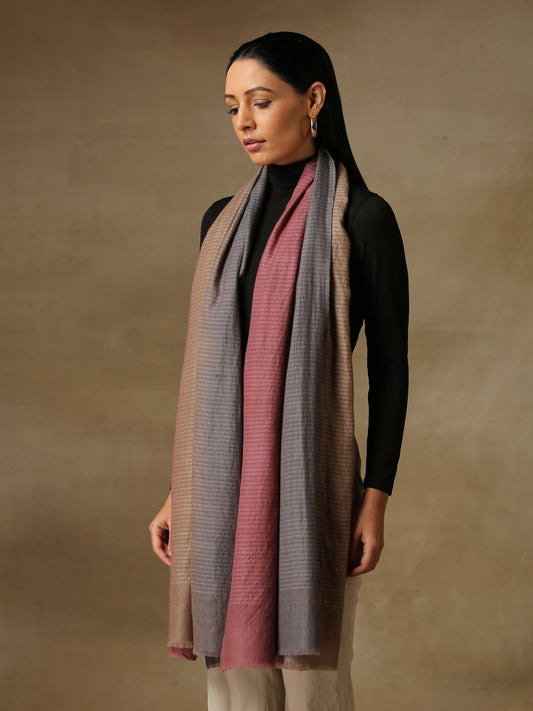 Model is wearing a Pashmina ombre stole in self weave in the colour fawn/nude. 