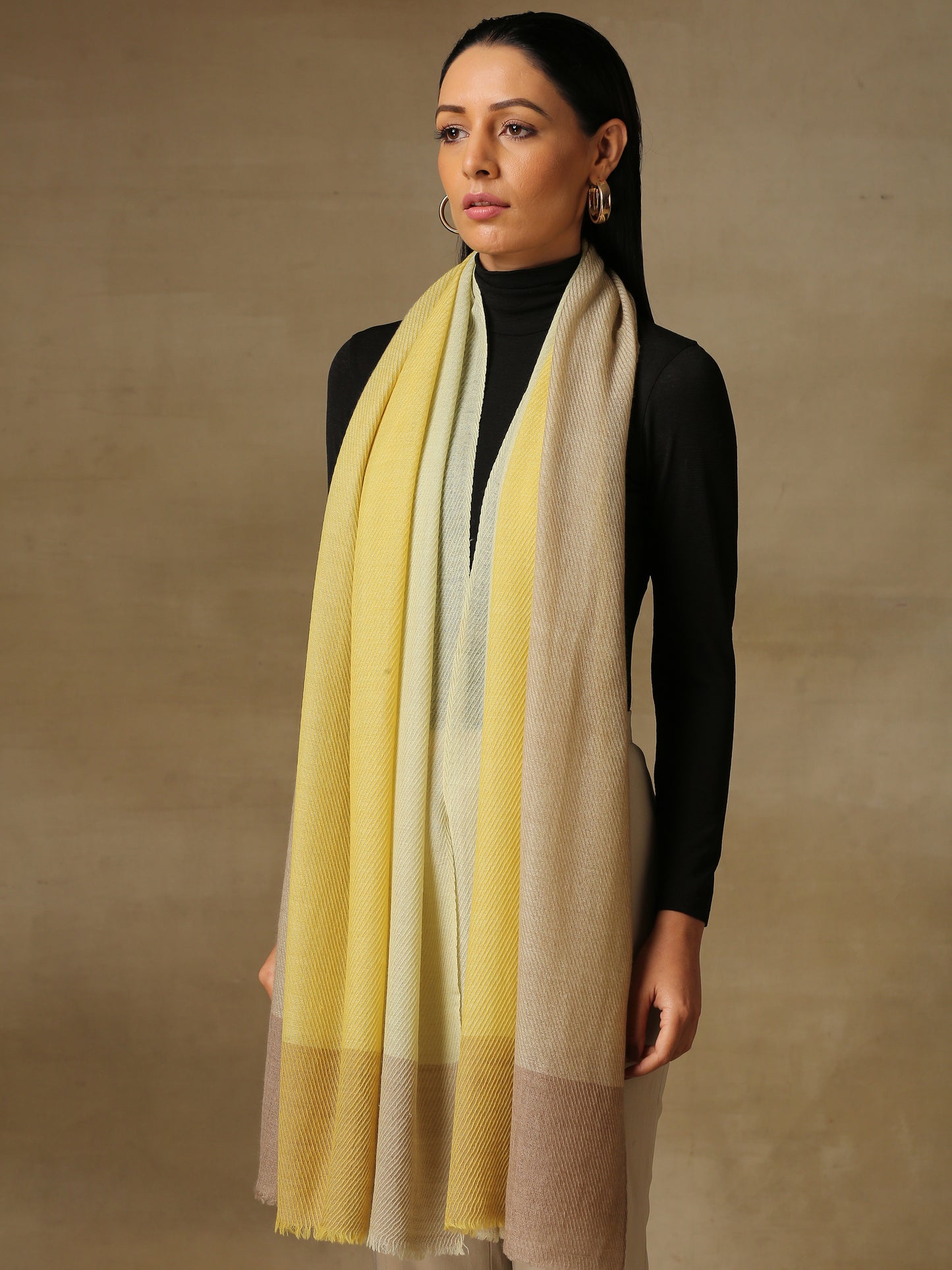 Model is wearing a Pardah stole by Shaza in lemon yellow.