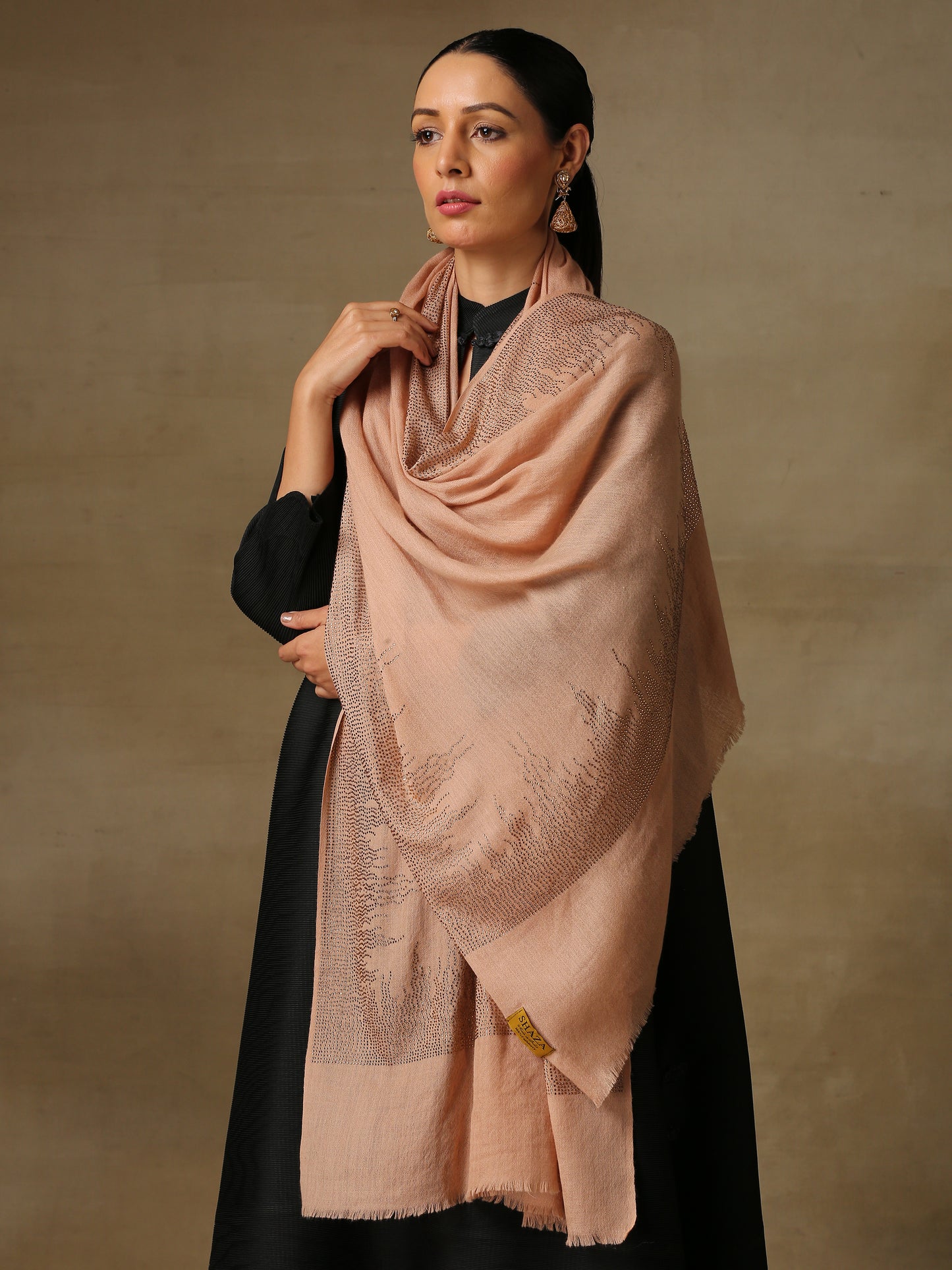The model is wearing a blush coloured stole from the Era of Zaywar Border Swarovski Stole collection, hand embellished with fine gold swarovski in a flames of fire design.