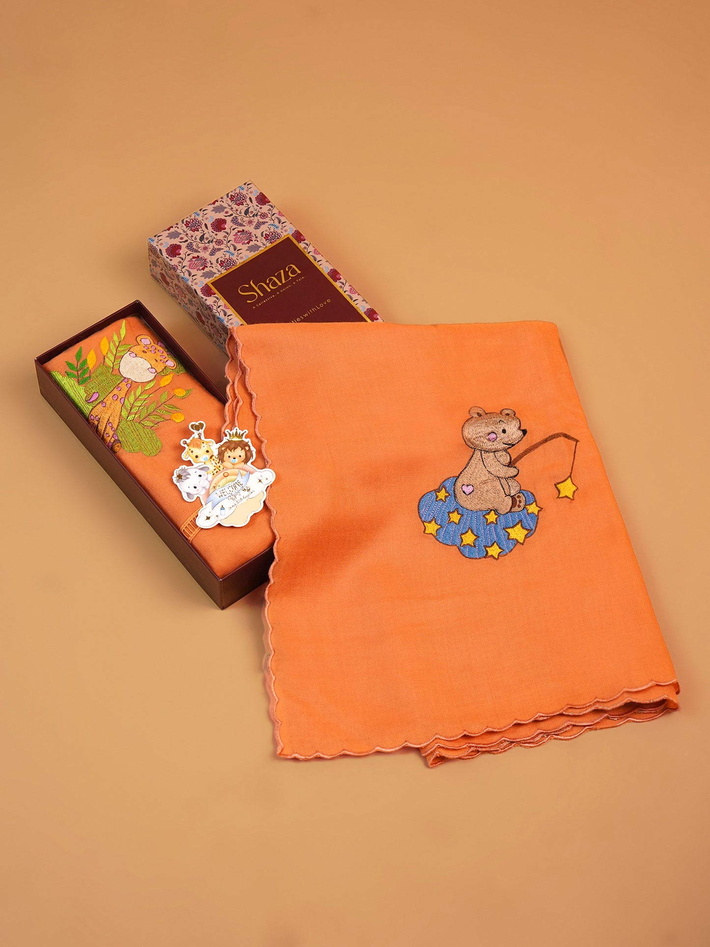 Baby Blanket Orange fabric with embroidered 