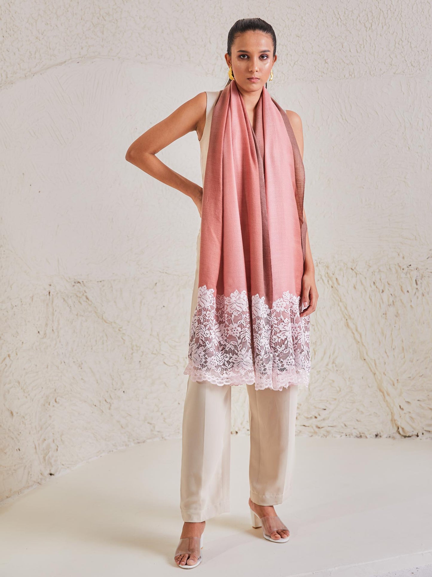Model is wearing the Celestial Chantilly Pashmina Stole from shaza in pink-brown ombre.