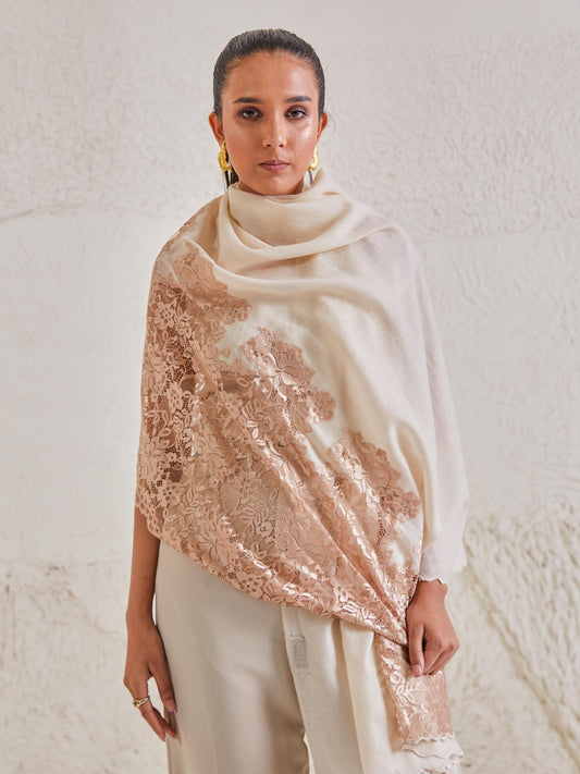 Model is wearing the Celestial Chantilly Pashmina Shawl in white and rose gold.