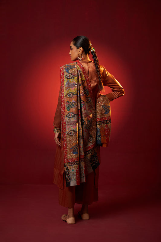 Model is wearing the Jashn pashmina shawl by Shaza.