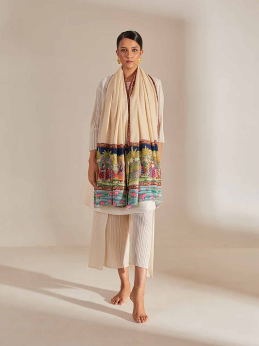 Model is wearing the Krishna Barat Pashmina Kalamkari Stole by Shaza, depicting the secret wedding of Lord Krishna and Radha, solemnized by Lord Brahma.