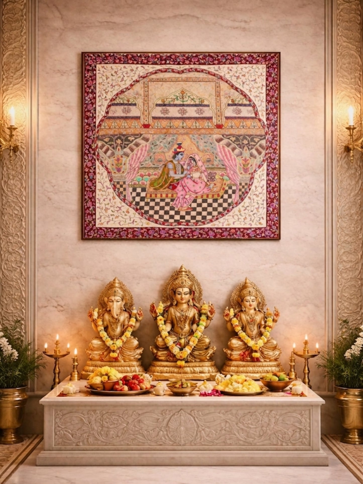 Radha & Krishna:Adorning Each Other (Unframed / 17x17 Inches)