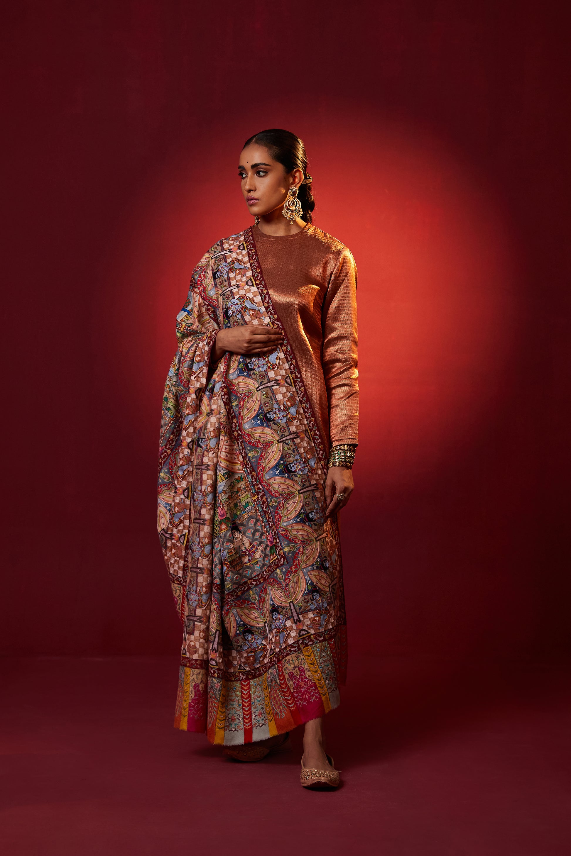 Model is seen wearing the Bal Krishna Pashmina Shawl by Shaza.