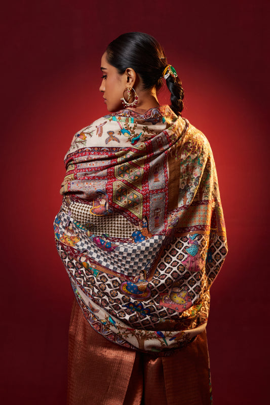 Model is wearing Mehfill-e-Darbar pashmina shawl from shaza.